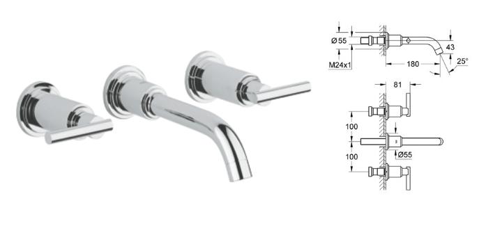 Grohe - Atrio - 3-Hole Wall Mounted Basin Mixer Without Body - 20169000 - 20169