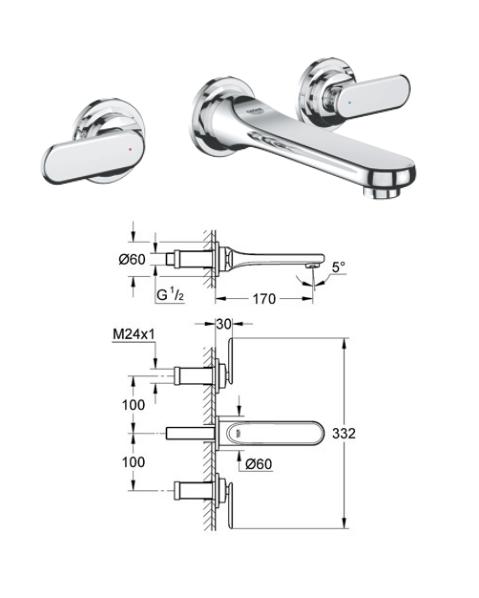 Grohe - Veris - 3 Hole Basin Mixer Wall Mounted - 20181000 - 20181 - DISCONTINUED 