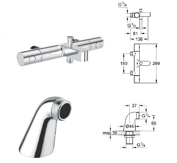 Grohe - Grohtherm 1000 Cosmopolitan Thermostatic Bath/Shower Mixer 1/2" Wall Mounted with Pillars - 34 323 000+18 121 00 - 34323+18121