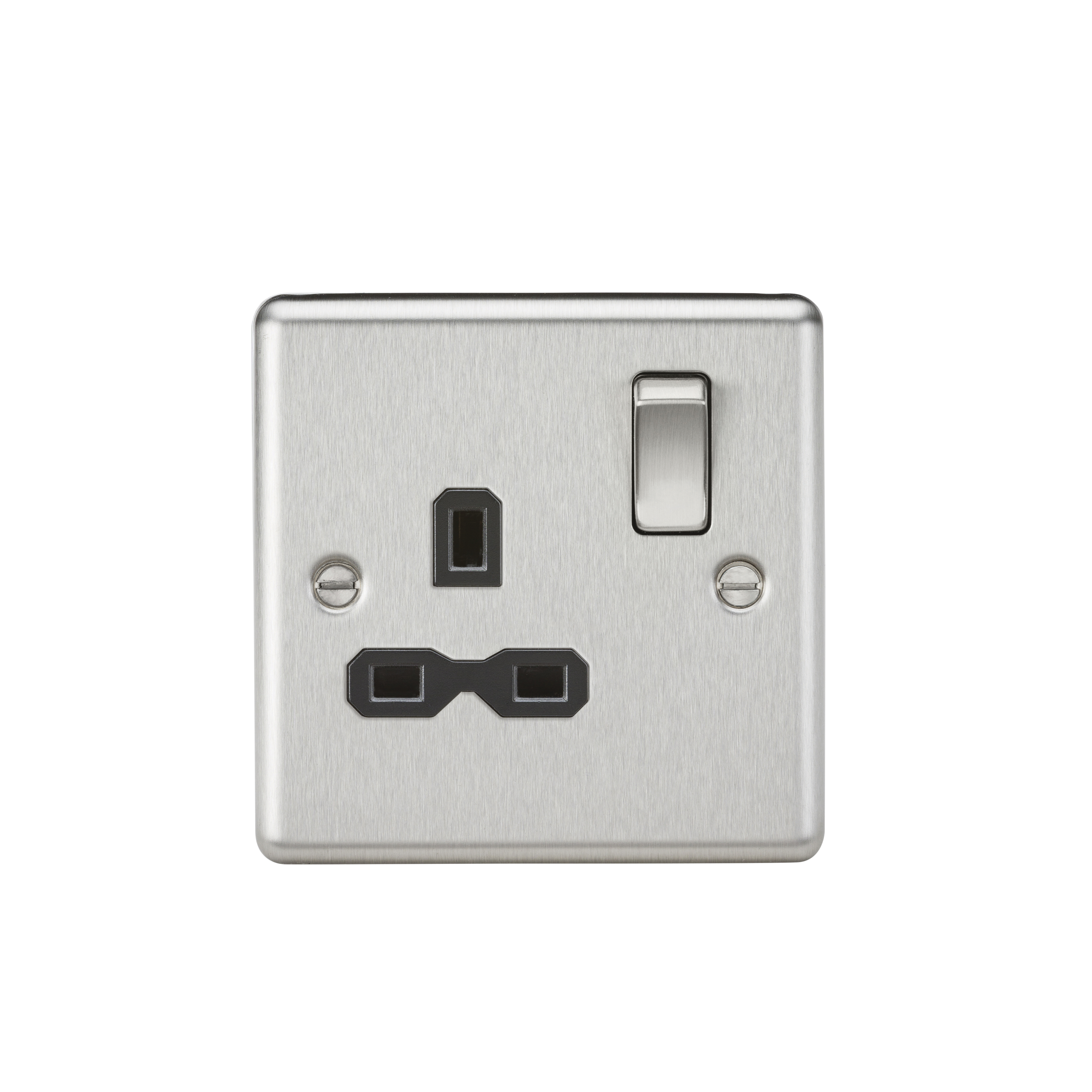 13A 1G DP Switched Socket With Black Insert - Rounded Edge Brushed Chrome - CL7BC 