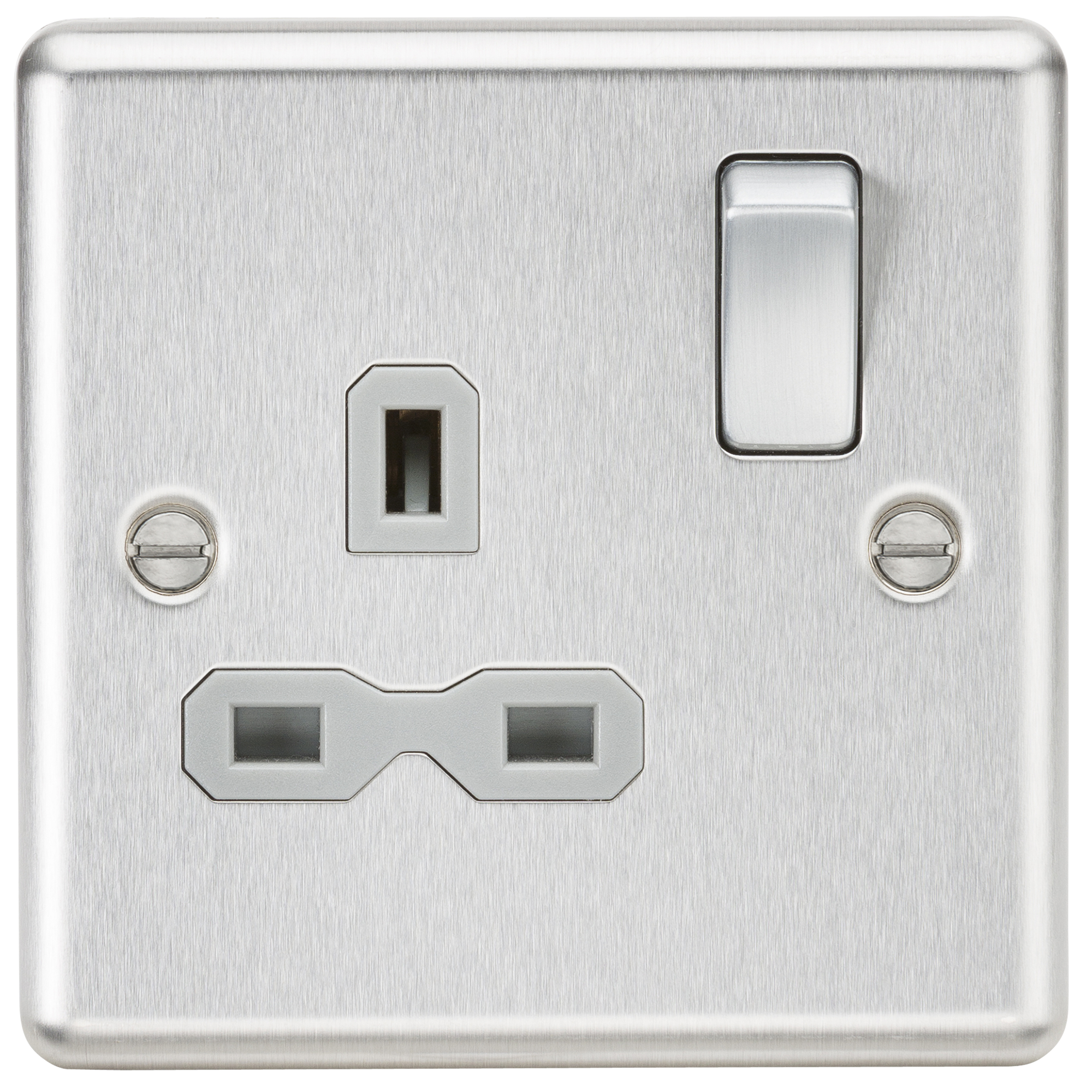 13A 1G DP Switched Socket With Grey Insert - Rounded Edge Brushed Chrome - CL7BCG 