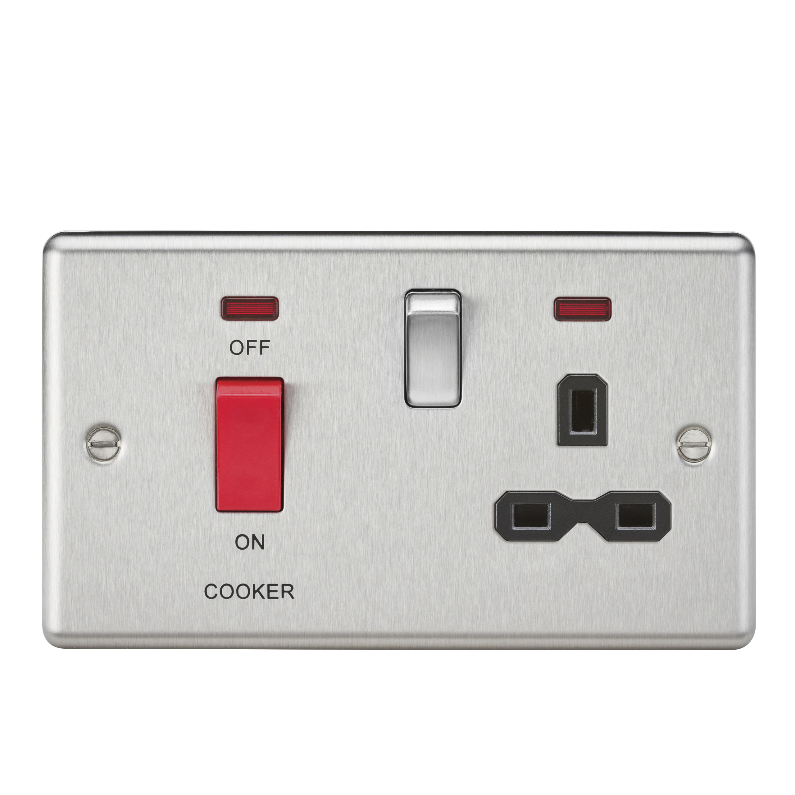 45A DP Cooker Switch & 13A Switched Socket With Neons & Black Insert - Rounded Edge Brushed Chrome - CL83BC 