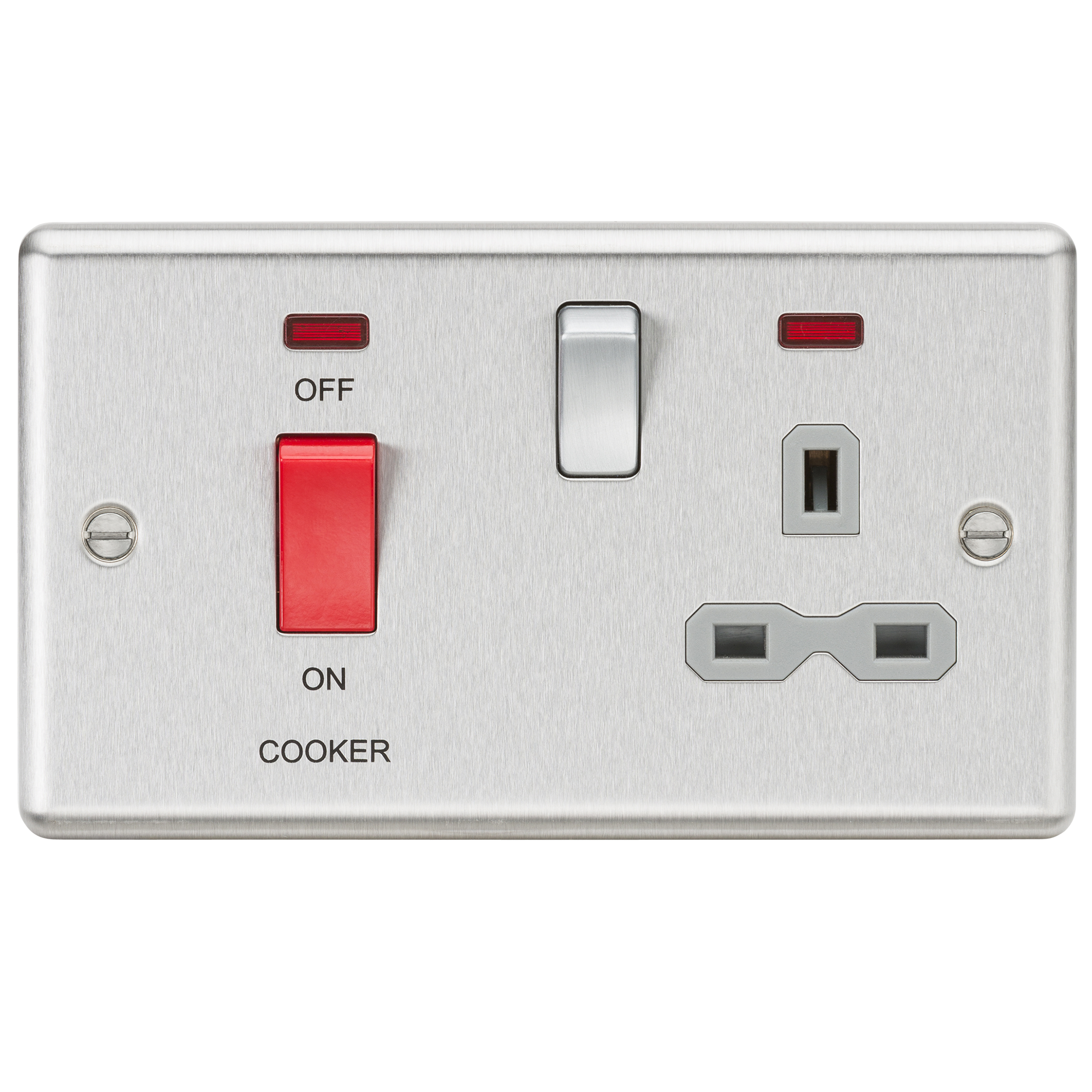 45A DP Cooker Switch 13A Switched Socket With Neons & Grey Insert - Rounded Edge Brushed Chrome - CL83BCG 