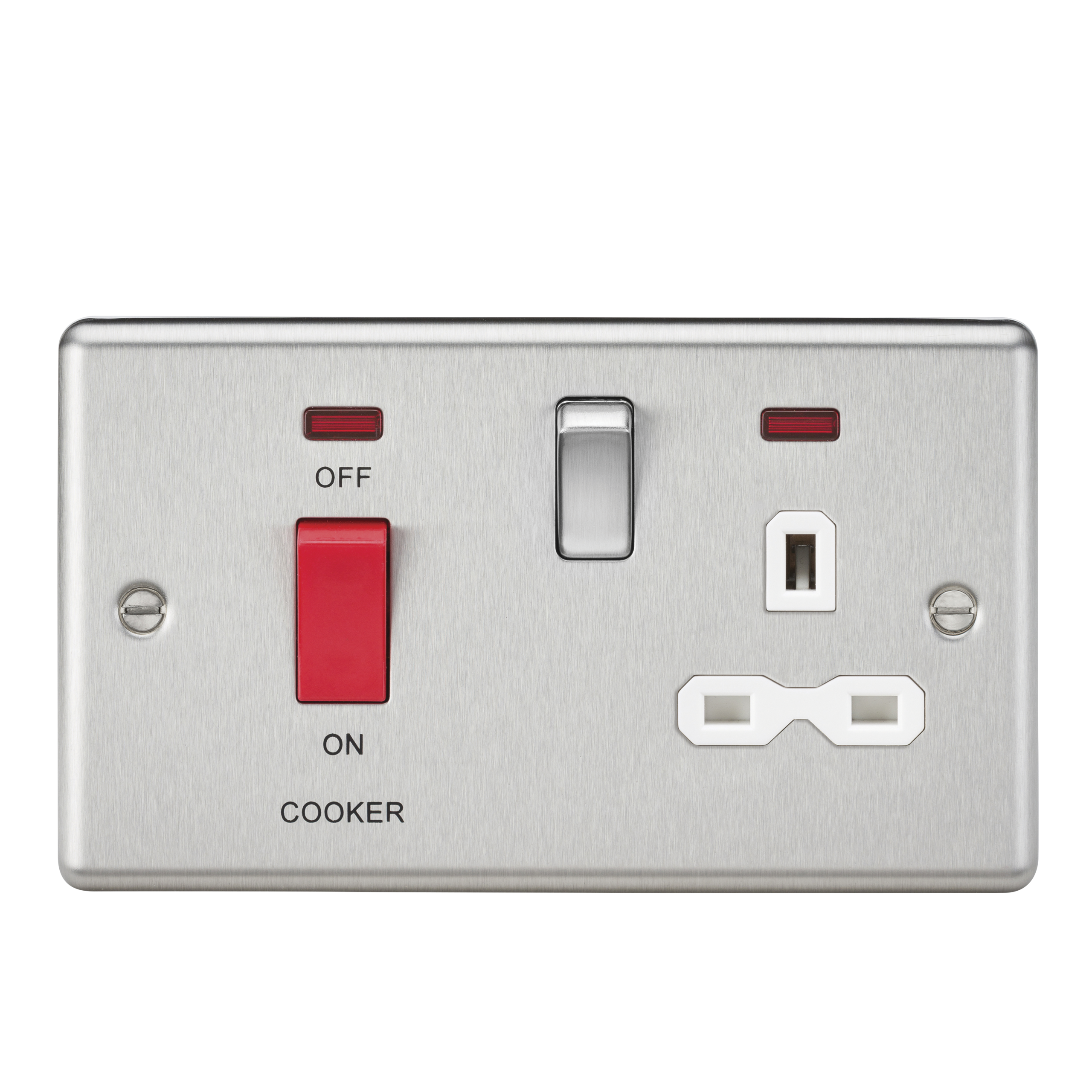 45A DP Cooker Switch & 13A Switched Socket With Neons & White Insert - Rounded Edge Brushed Chrome - CL83BCW 