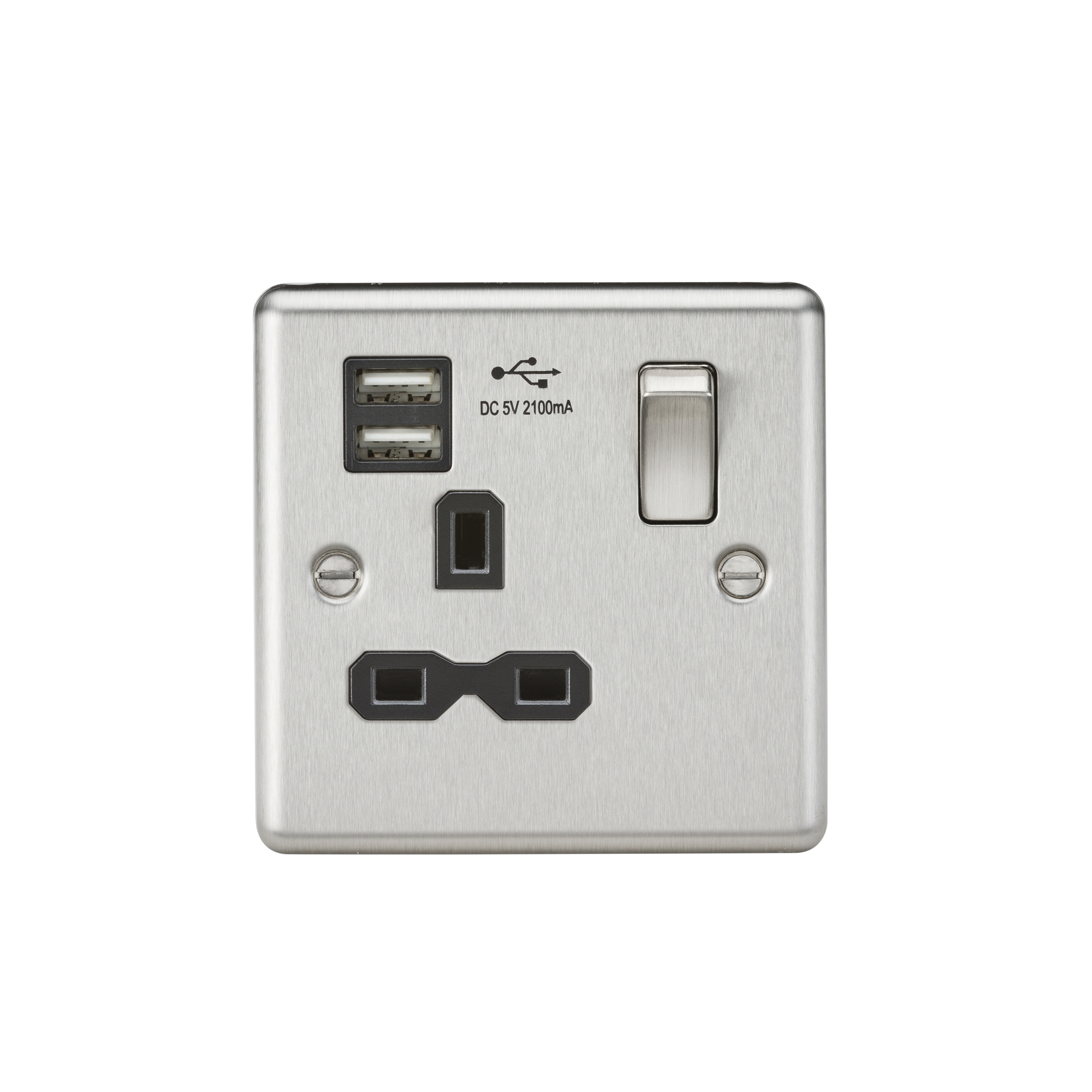 13A 1G Switched Socket Dual USB Charger Slots With Black Insert - Rounded Edge Brushed Chrome - CL91BC 