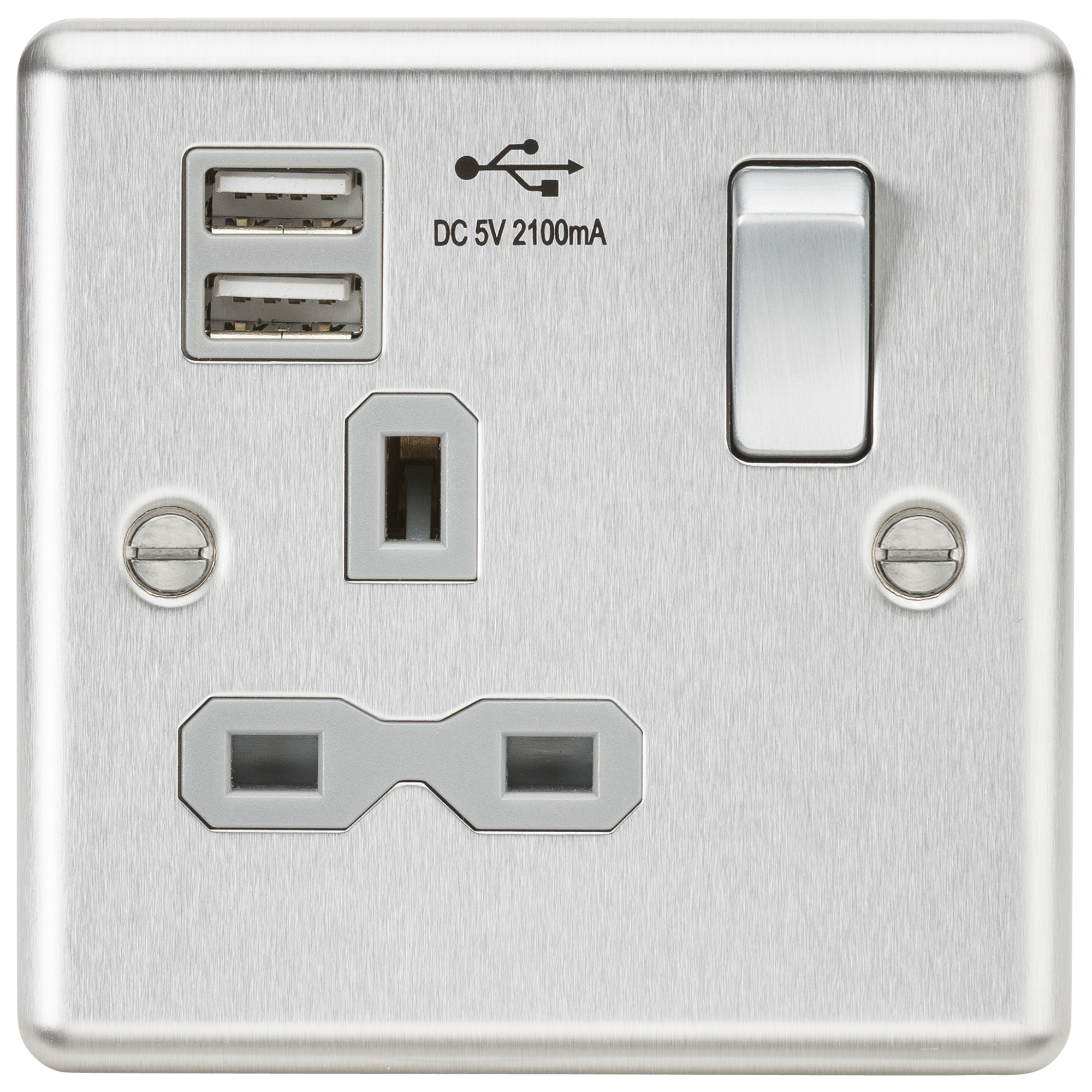 13A 1G Switched Socket Dual USB Charger Slots With Grey Insert - Rounded Edge Brushed Chrome - CL91BCG 