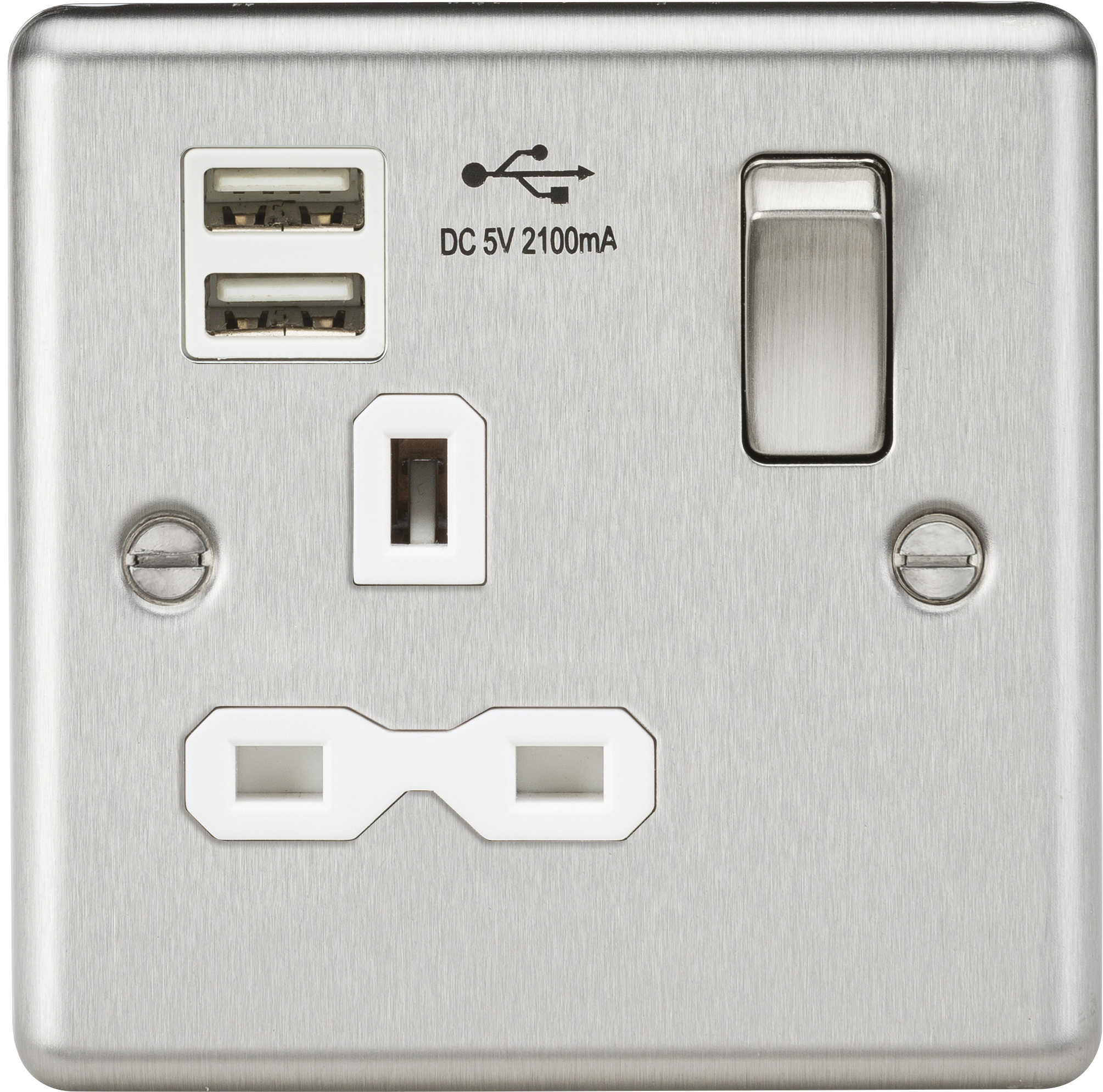 13A 1G Switched Socket Dual USB Charger Slots With White Insert - Rounded Edge Brushed Chrome - CL91BCW 