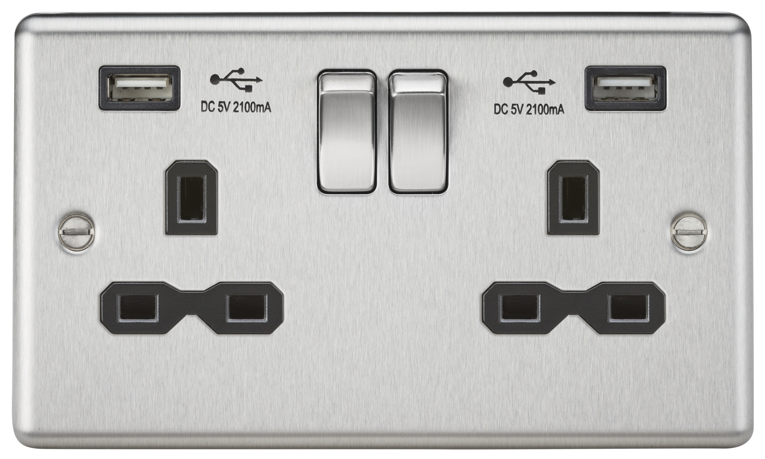 13A 2G Switched Socket Dual USB Charger Slots With Black Insert - Rounded Edge Brushed Chrome - CL92BC 