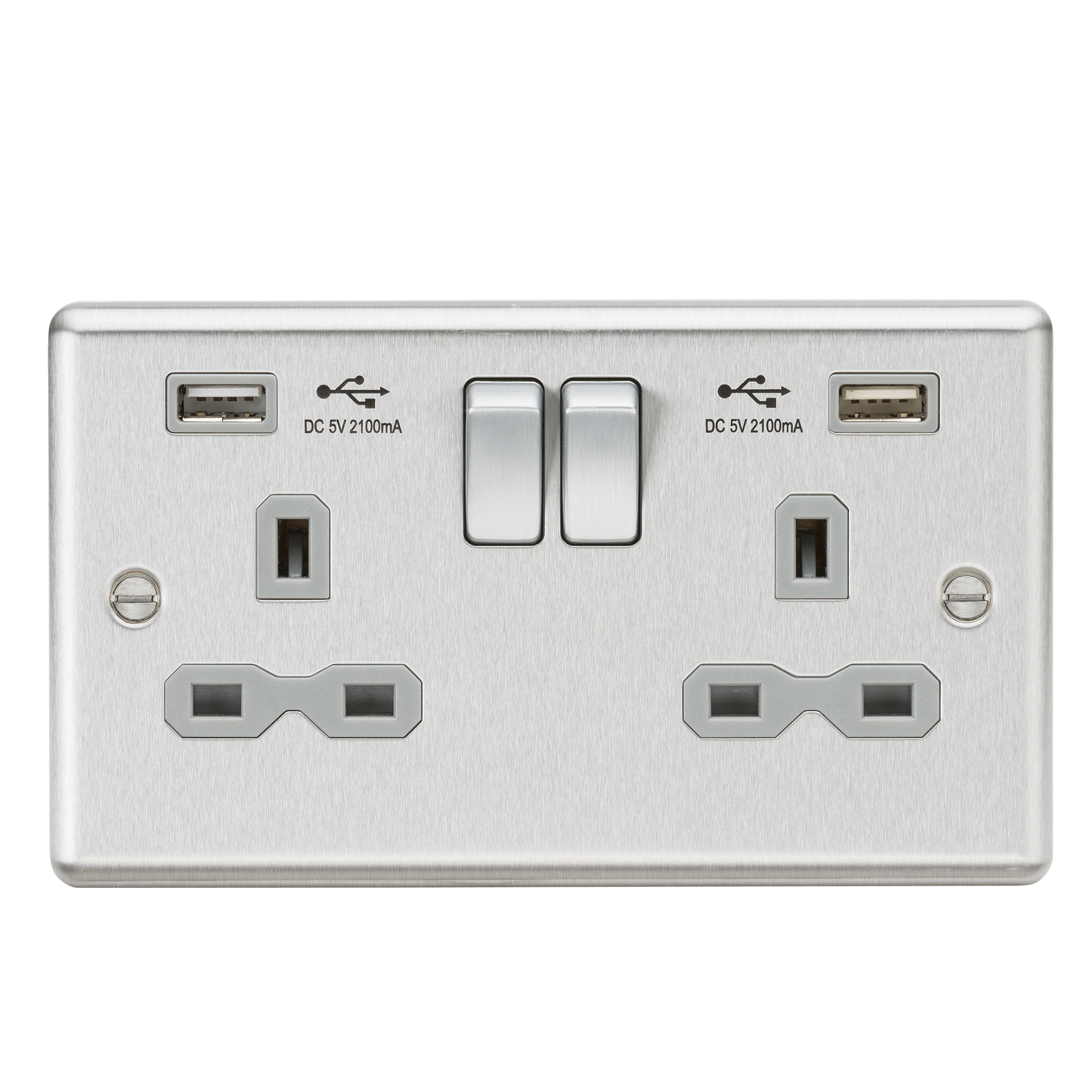 13A 2G Switched Socket Dual USB Charger Slots With Grey Insert - Rounded Edge Brushed Chrome - CL92BCG 