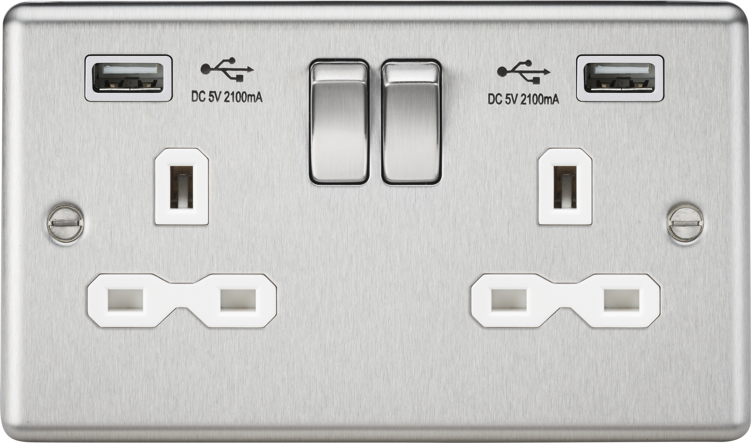 13A 2G Switched Socket Dual USB Charger Slots With White Insert - Rounded Edge Brushed Chrome - CL92BCW 