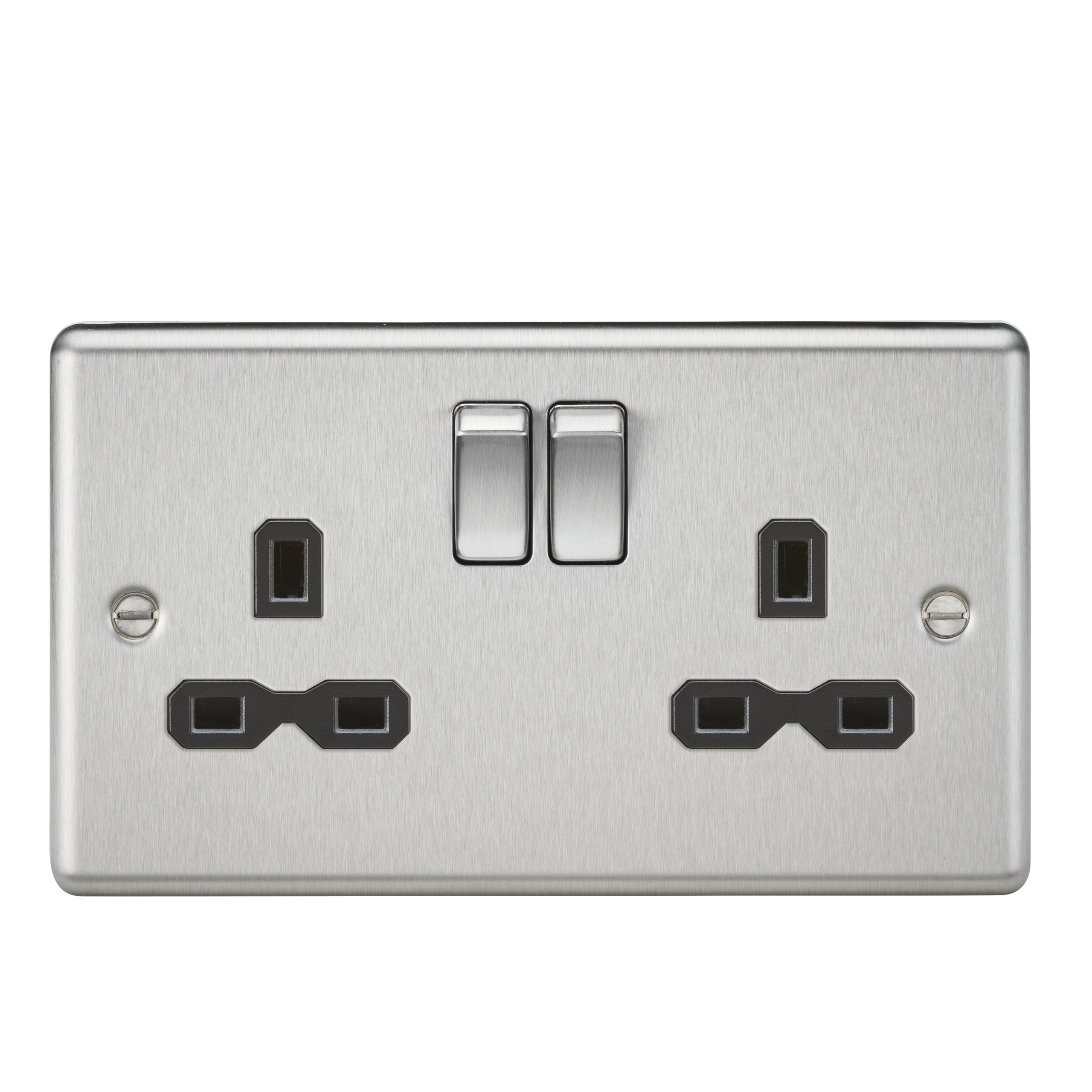 13A 2G DP Switched Socket With Black Insert - Rounded Edge Brushed Chrome - CL9BC 