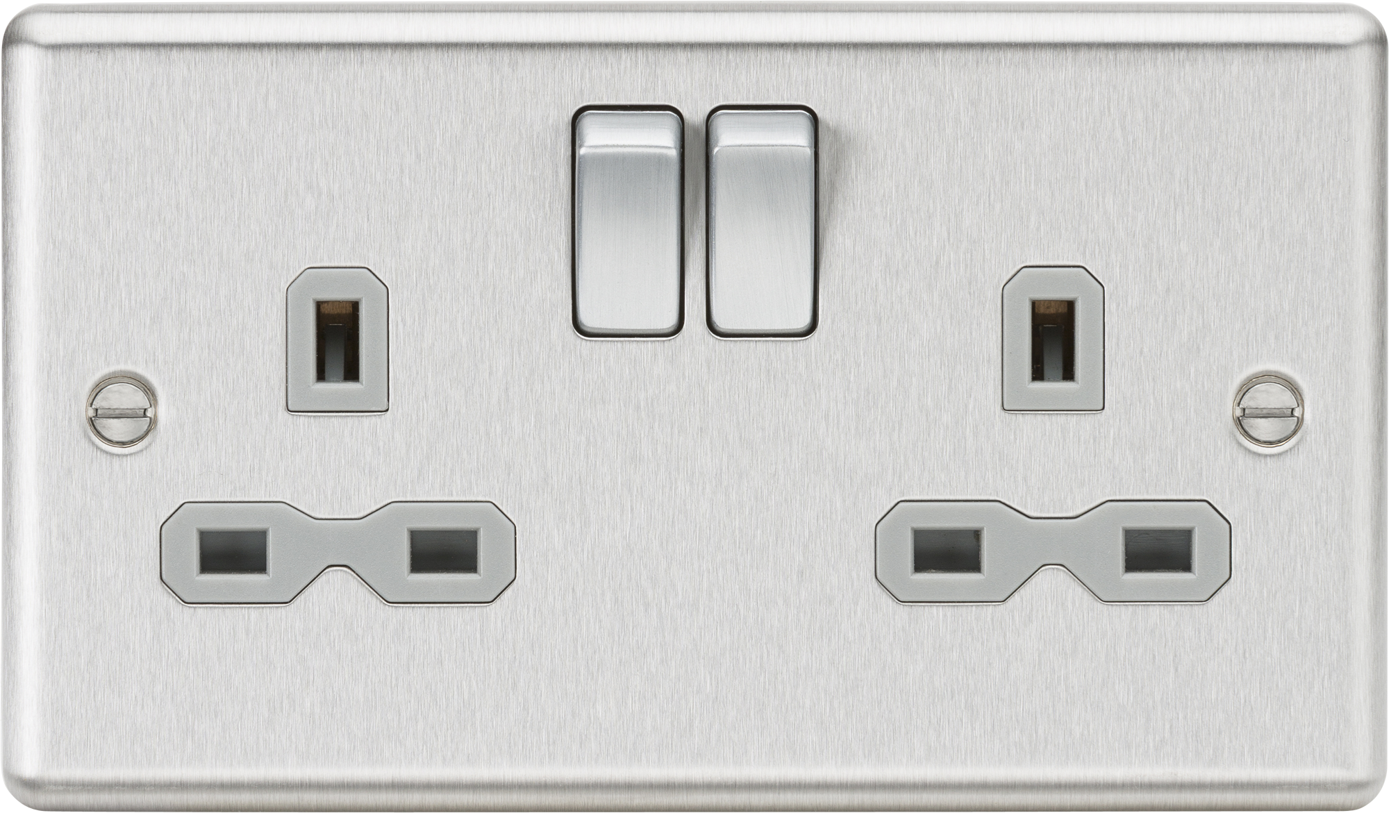 13A 2G DP Switched Socket With Grey Insert - Rounded Edge Brushed Chrome - CL9BCG 