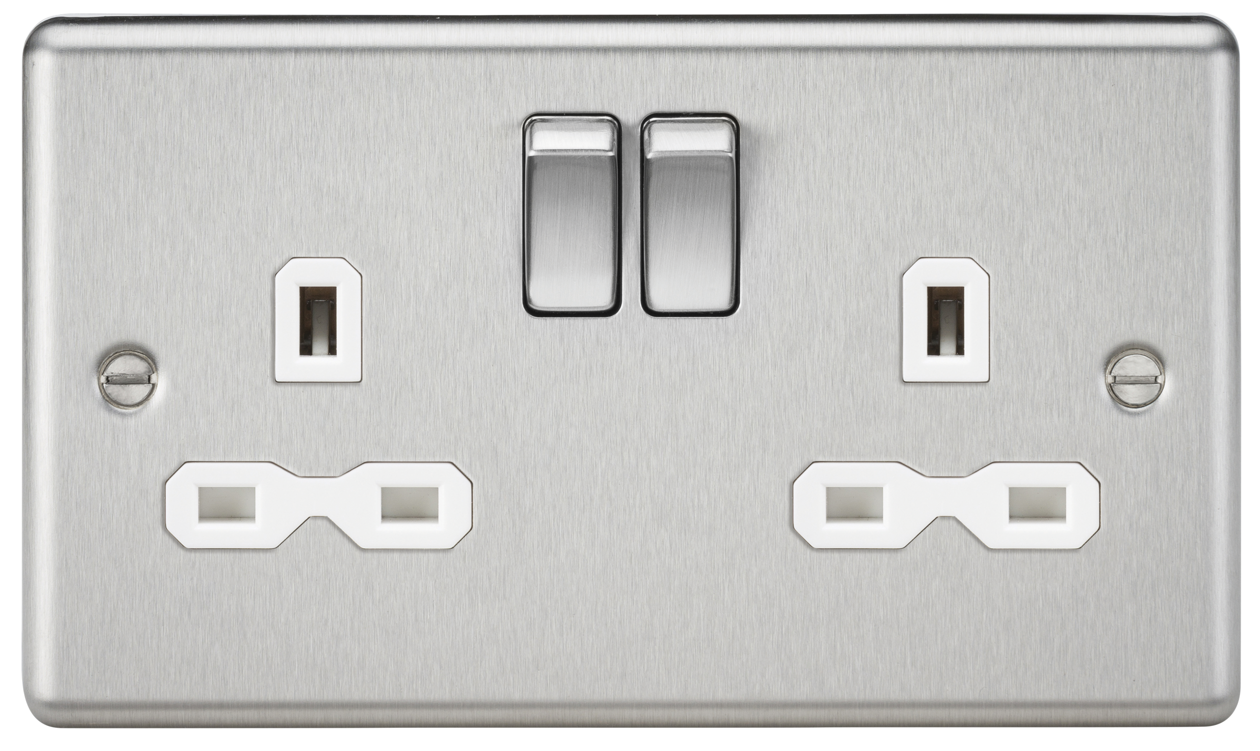 13A 2G DP Switched Socket With White Insert - Rounded Edge Brushed Chrome - CL9BCW 