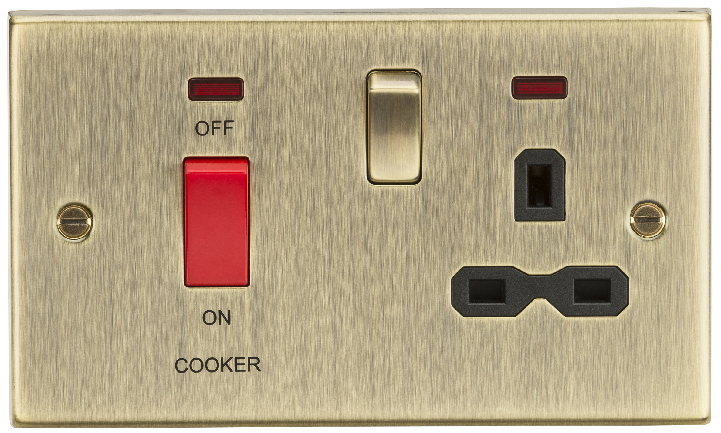 45A DP Cooker Switch & 13A Switched Socket With Neons & Black Insert - Square Edge Antique Brass - CS83AB 