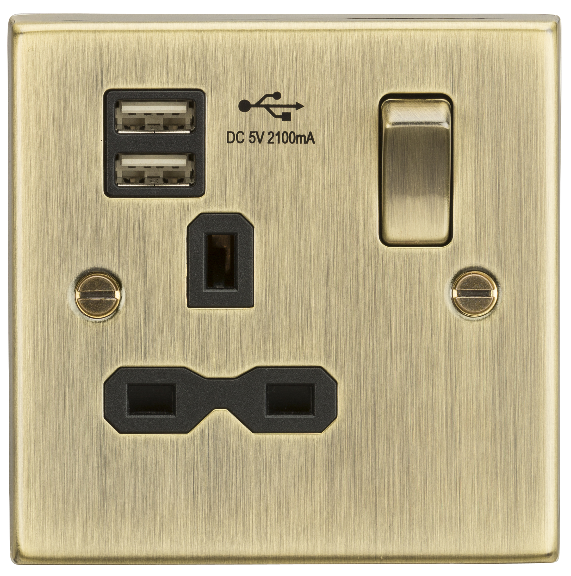 13A 1G Switched Socket Dual USB Charger Slots With Black Insert - Square Edge Antique Brass - CS91AB 