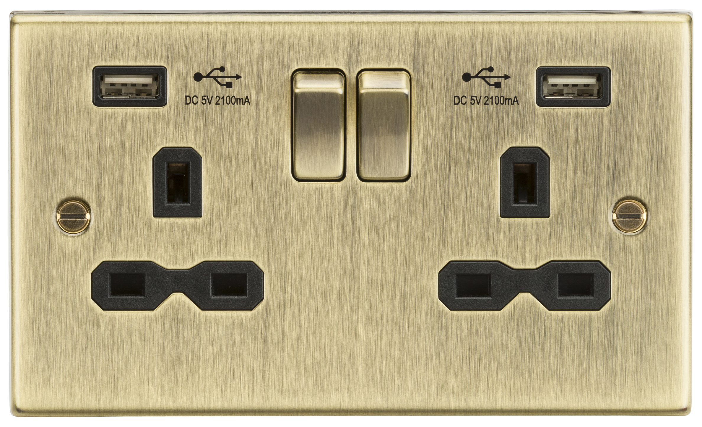 13A 2G Switched Socket Dual USB Charger Slots With Black Insert - Square Edge Antique Brass - CS92AB 