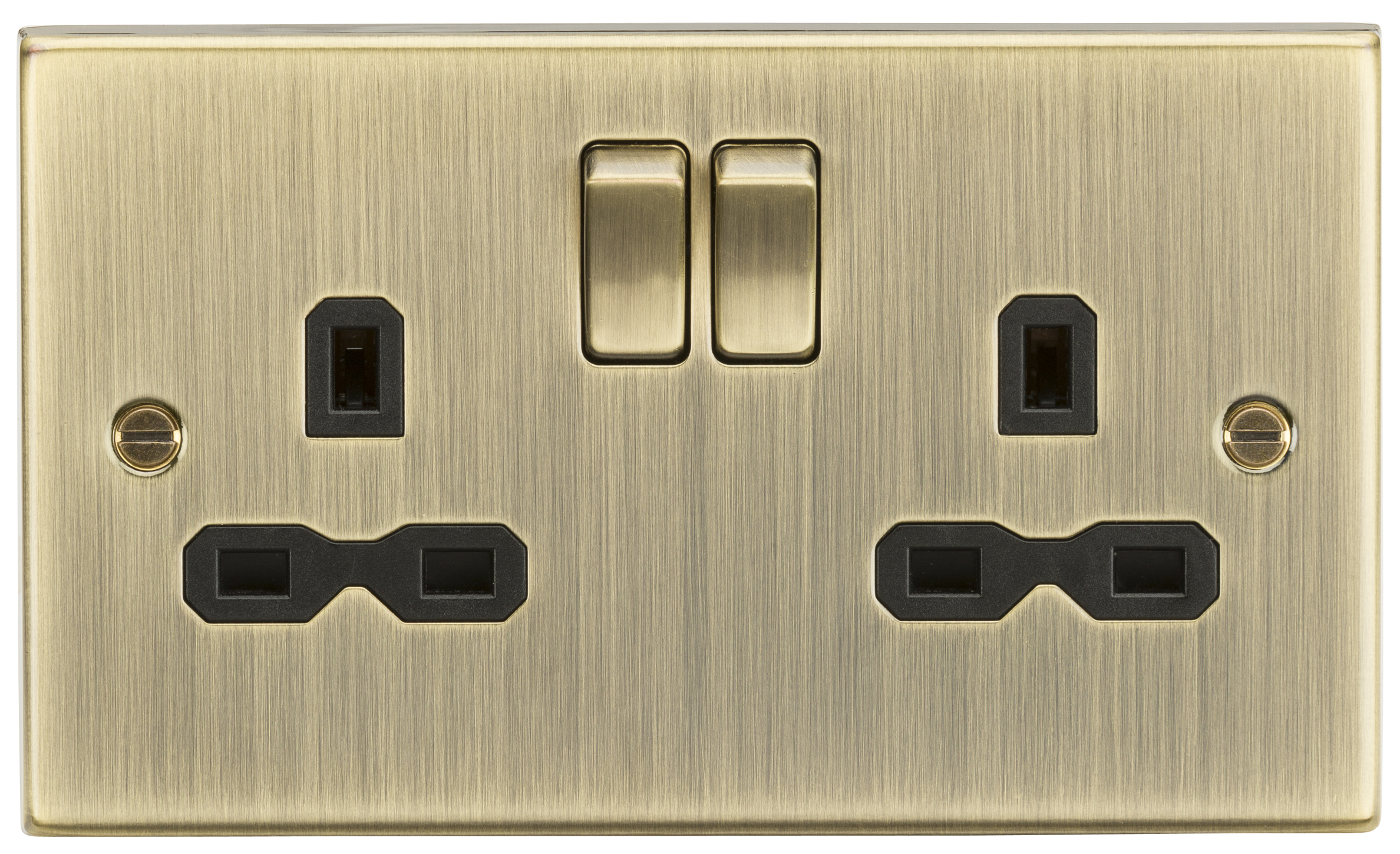 13A 2G Switched Socket With Black Insert - Square Edge Antique Brass - CS9AB 