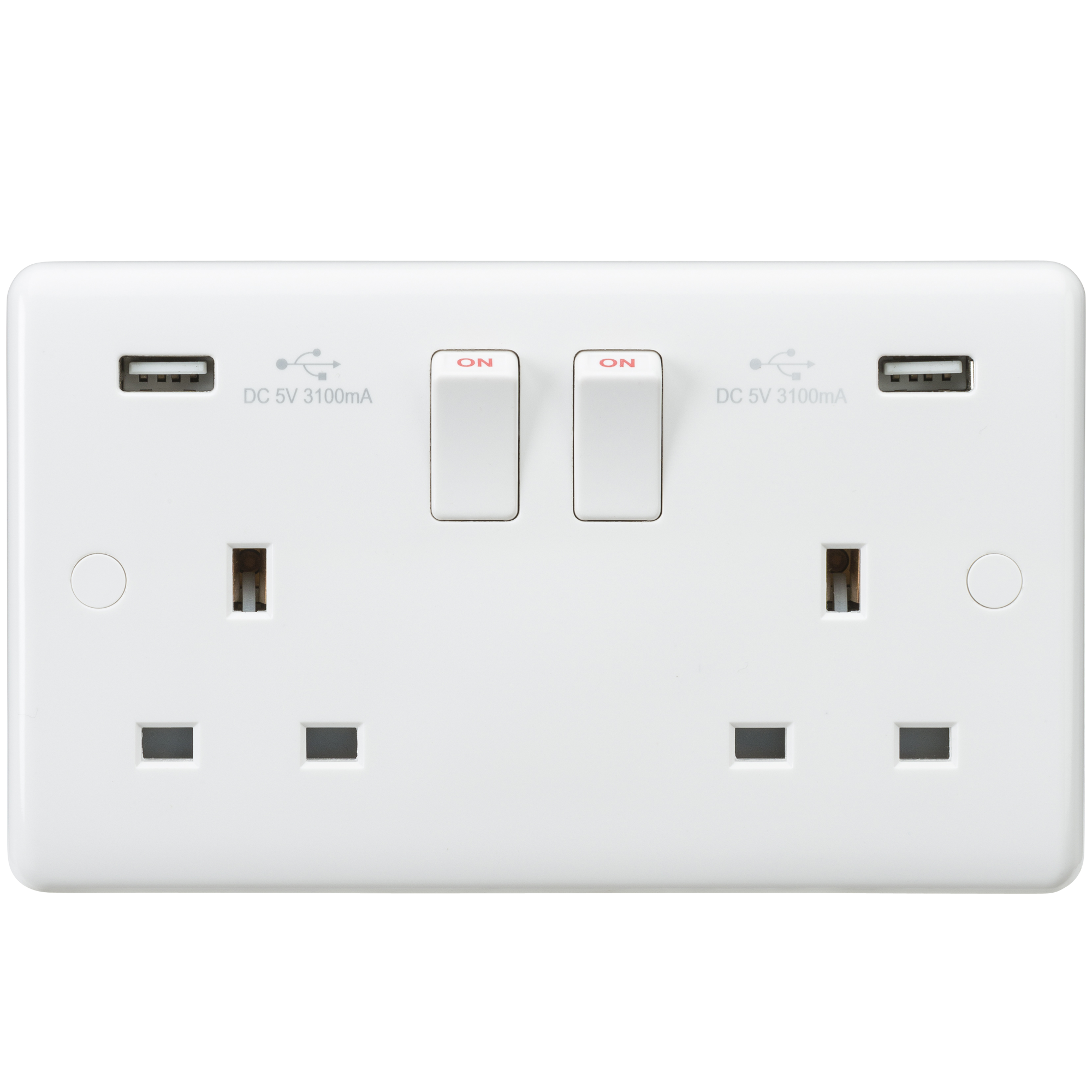 Curved Edge 13A 2G Switched Socket With Dual USB Charger (5V DC 3.1A Shared) - CU9904 
