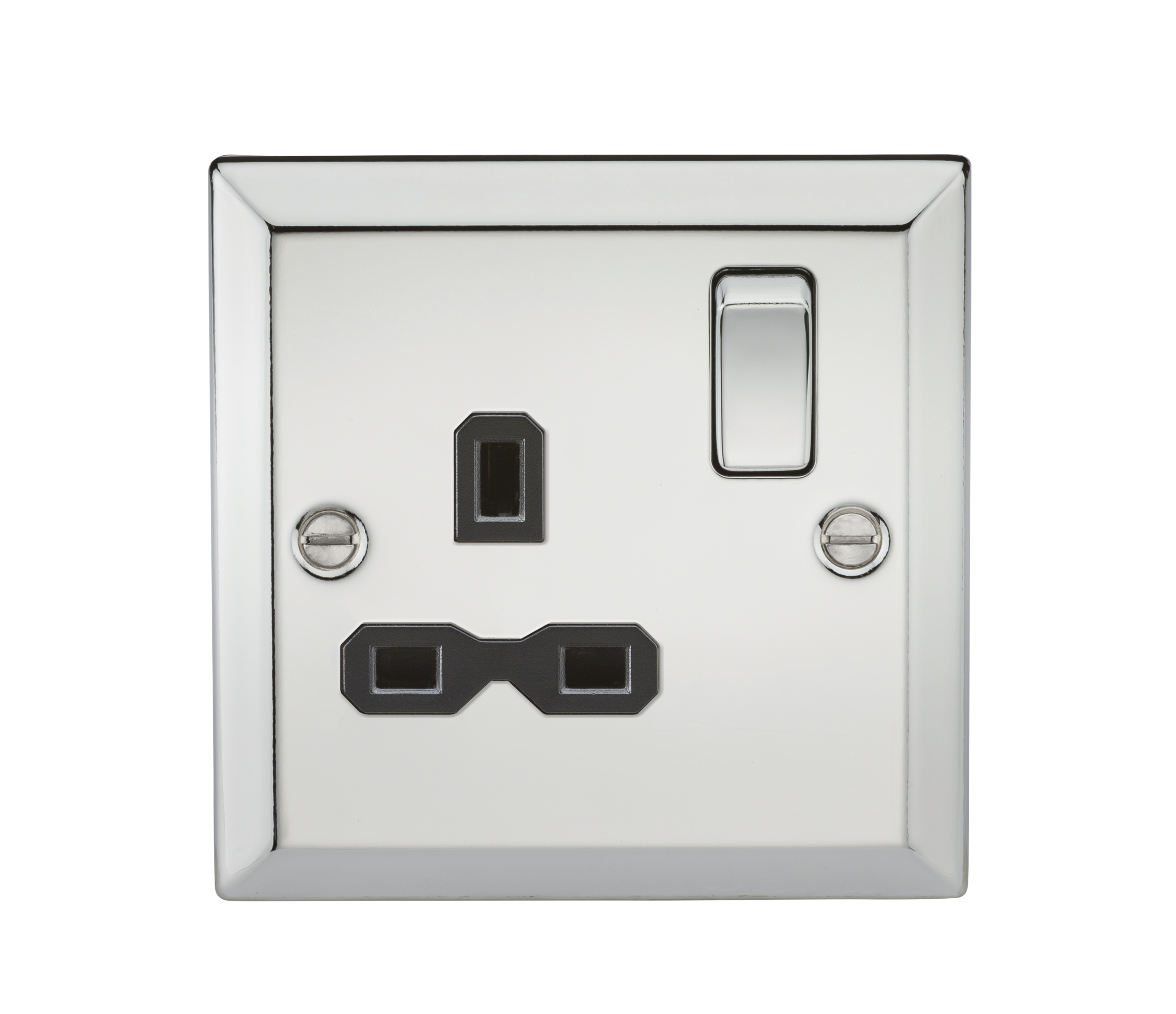 13A 1G DP Switched Socket With Black Insert - Bevelled Edge Polished Chrome - CV7PC 