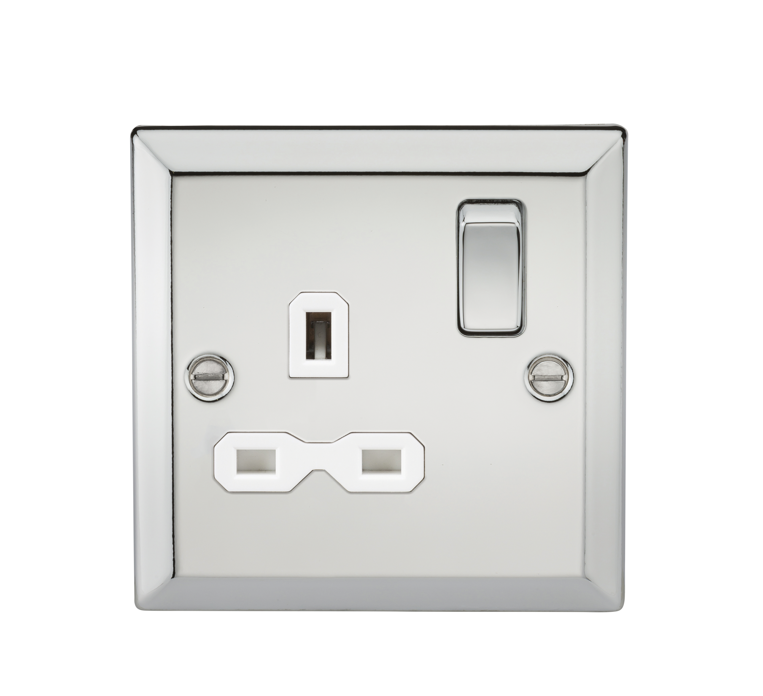 13A 1G DP Switched Socket With White Insert - Bevelled Edge Polished Chrome - CV7PCW 