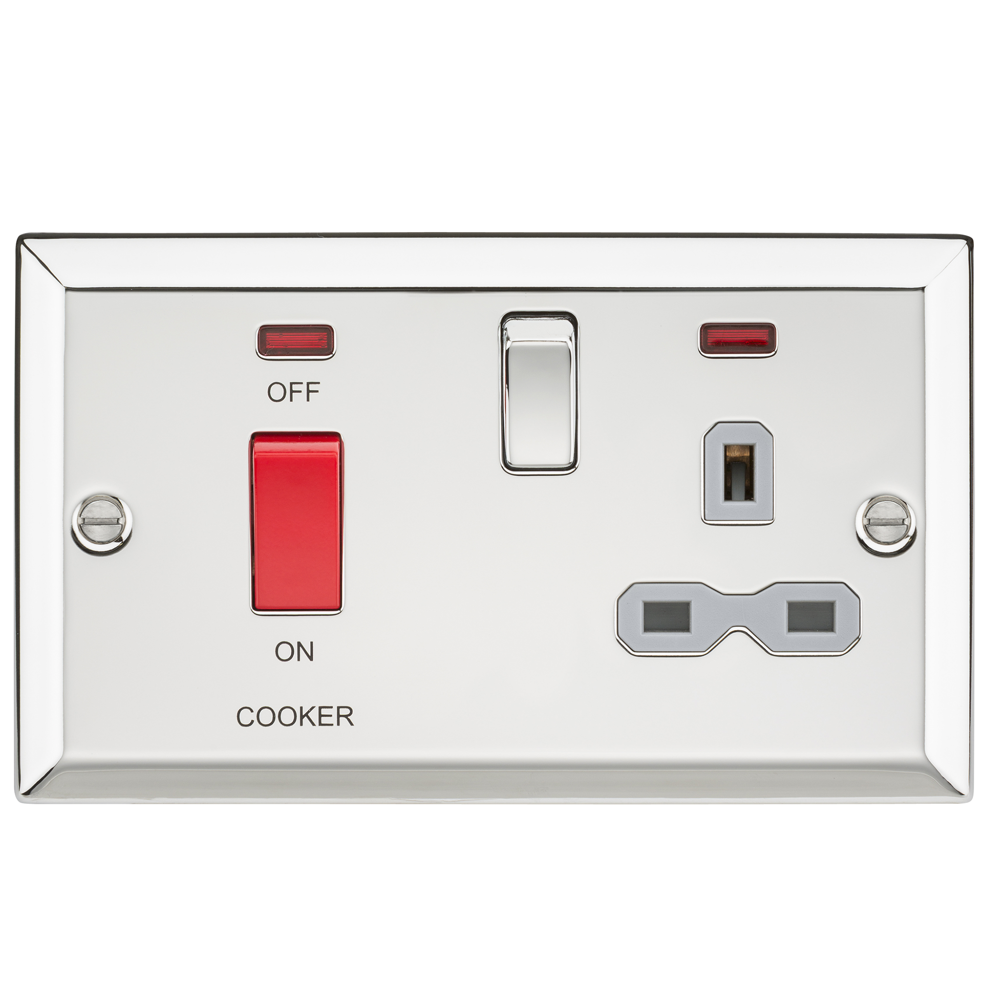 45A DP Cooker Switch & 13A Switched Socket With Neons & Grey Insert - Bevelled Edge Polished Chrome - CV83PCG 