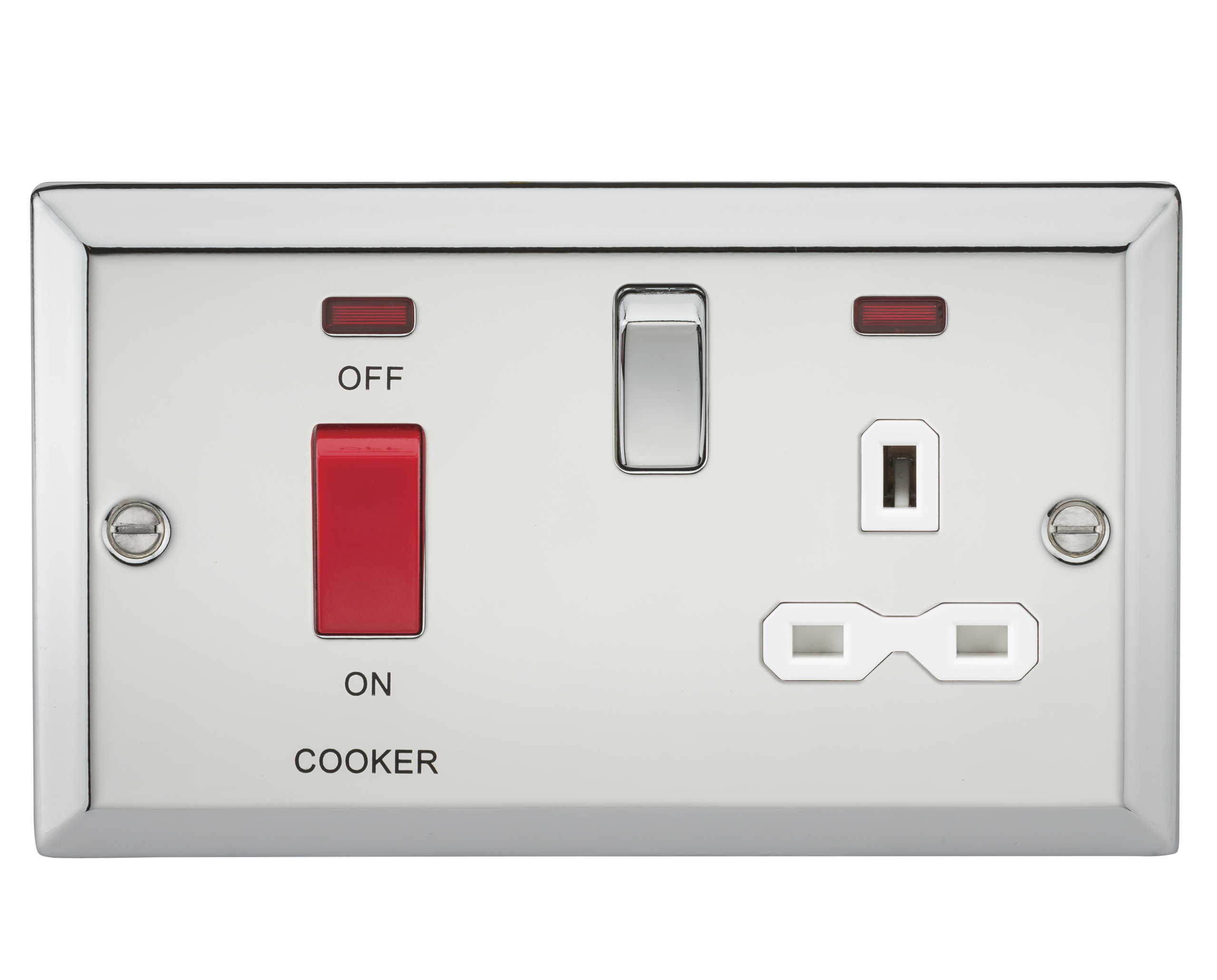 45A DP Cooker Switch & 13A Switched Socket With Neons & White Insert - Bevelled Edge Polished Chrome - CV83PCW 