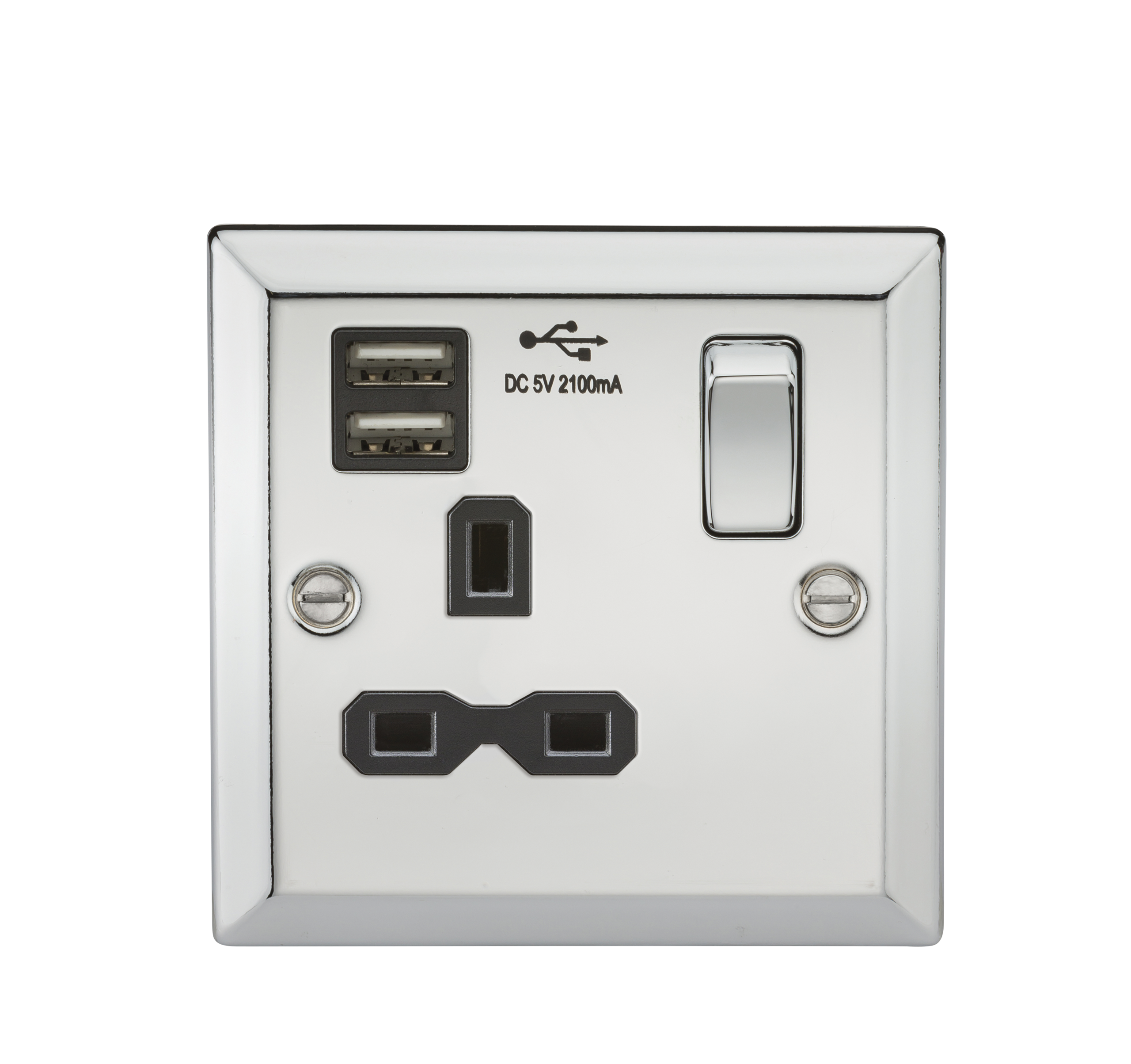 13A 1G Switched Socket Dual USB Charger Slots With Black Insert - Bevelled Edge Polished Chrome - CV91PC 