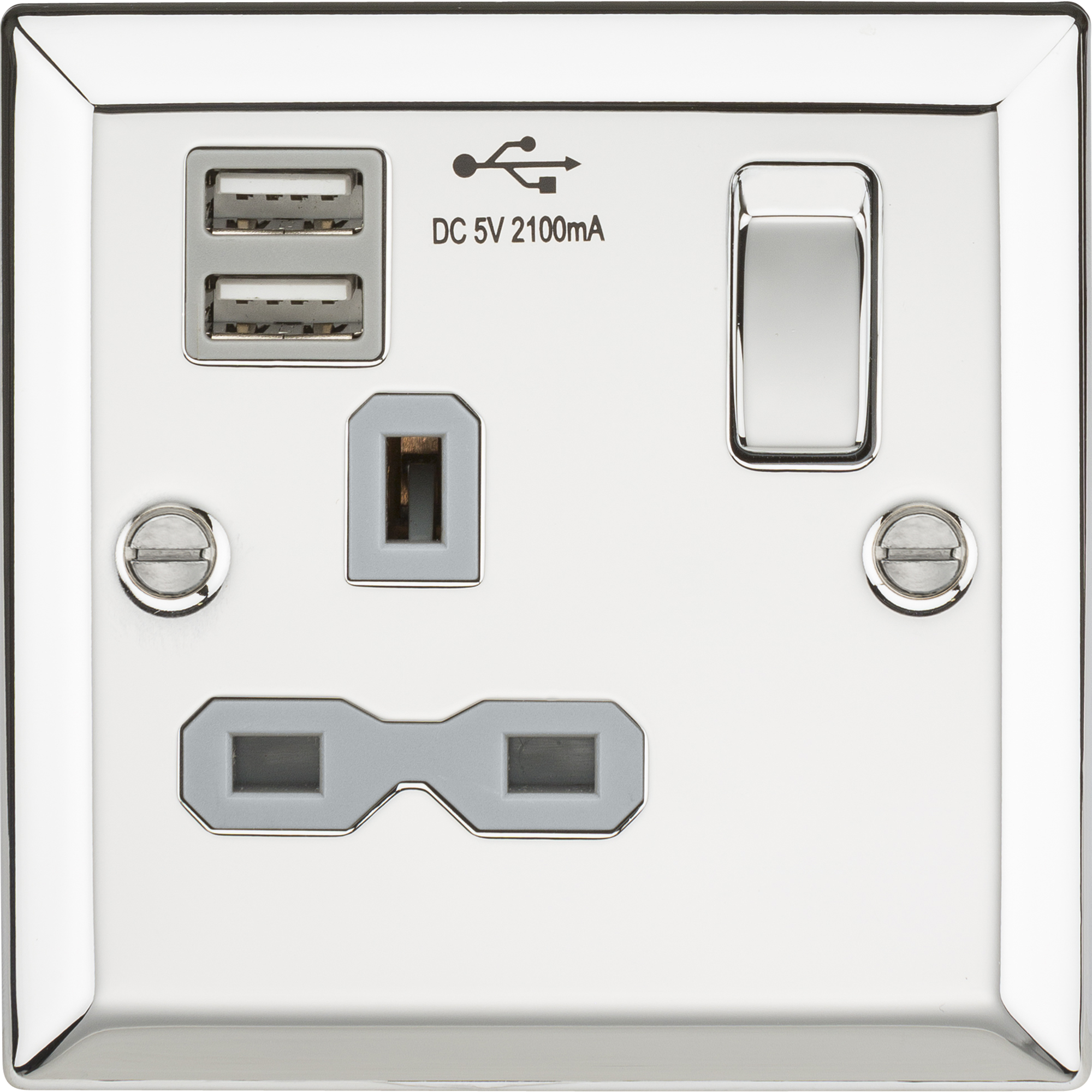 13A 1G Switched Socket Dual USB Charger Slots With Grey Insert - Bevelled Edge Polished Chrome - CV91PCG 