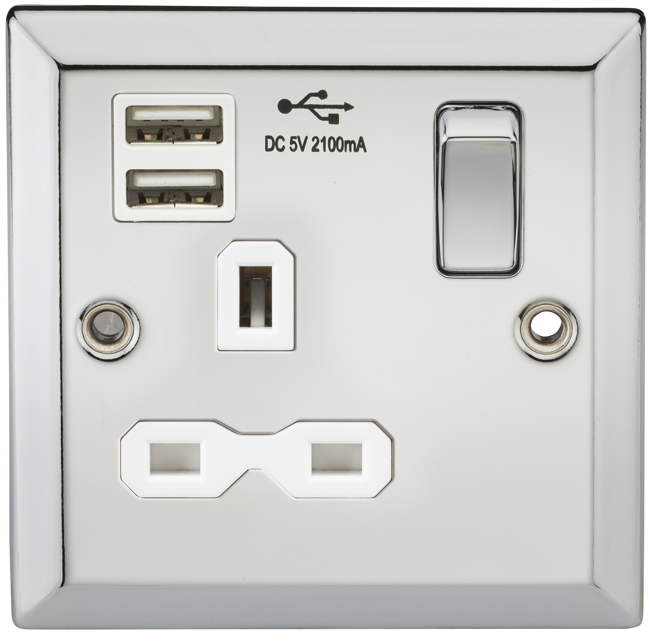 13A 1G Switched Socket Dual USB Charger Slots With White Insert - Bevelled Edge Polished Chrome - CV91PCW 