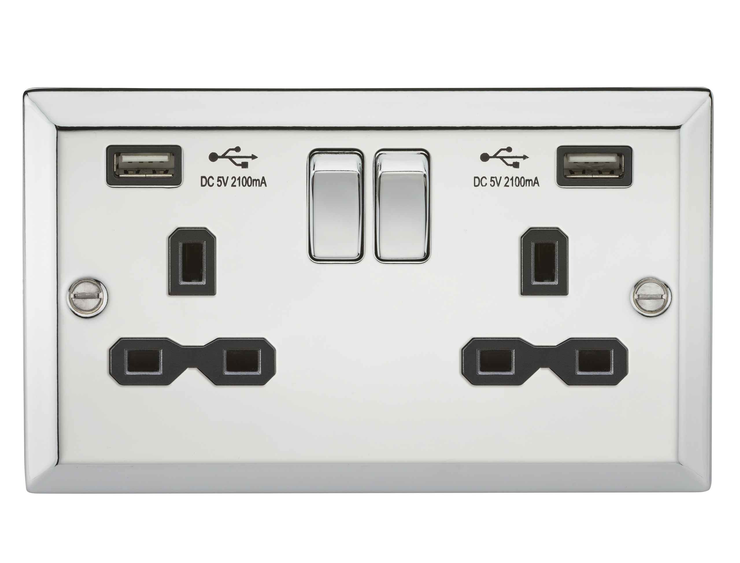 13A 2G Switched Socket Dual USB Charger Slots With Black Insert - Bevelled Edge Polished Chrome - CV92PC 