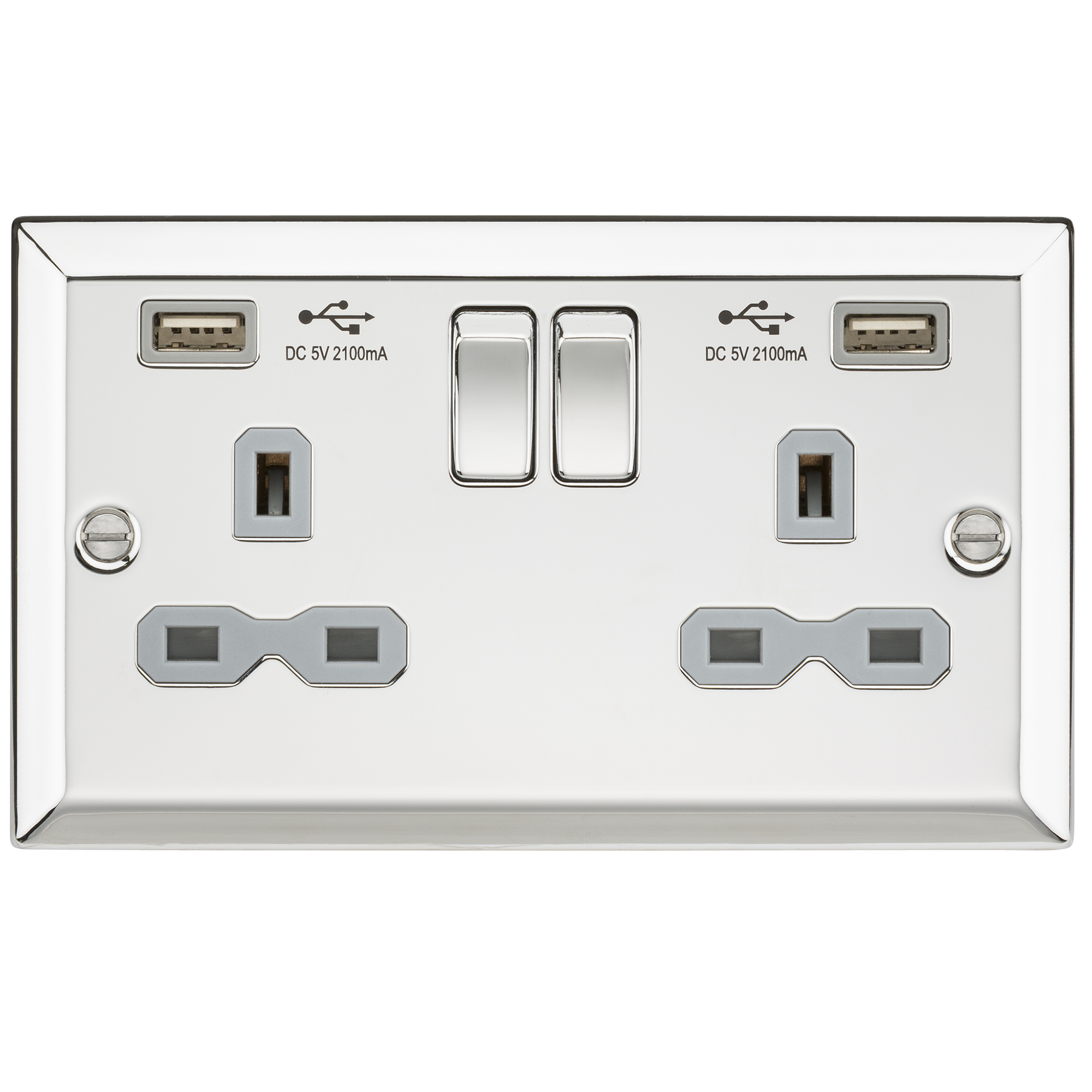 13A 2G Switched Socket Dual USB Charger Slots With Grey Insert - Bevelled Edge Polished Chrome - CV92PCG 