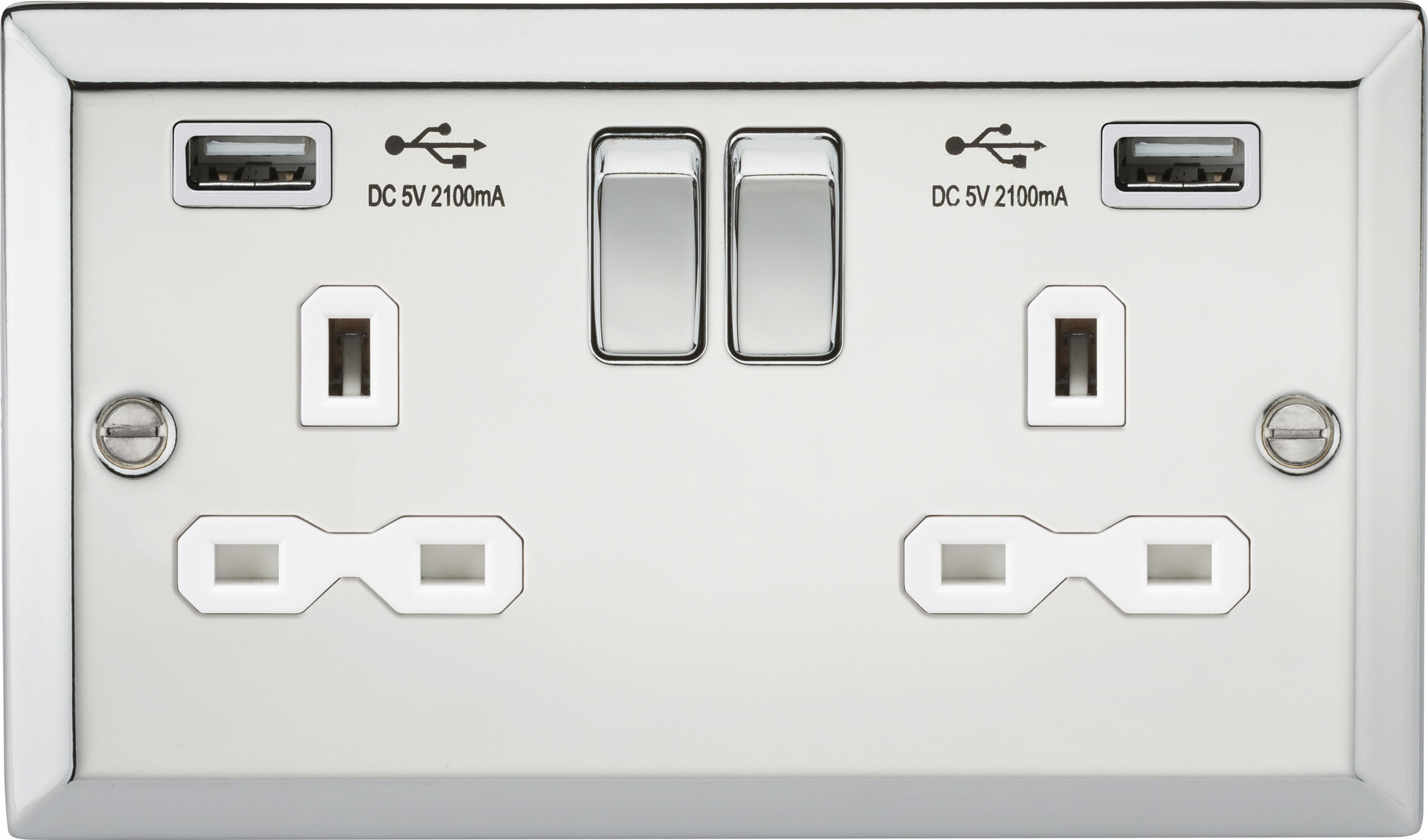 13A 2G Switched Socket Dual USB Charger Slots With White Insert - Bevelled Edge Polished Chrome - CV92PCW 