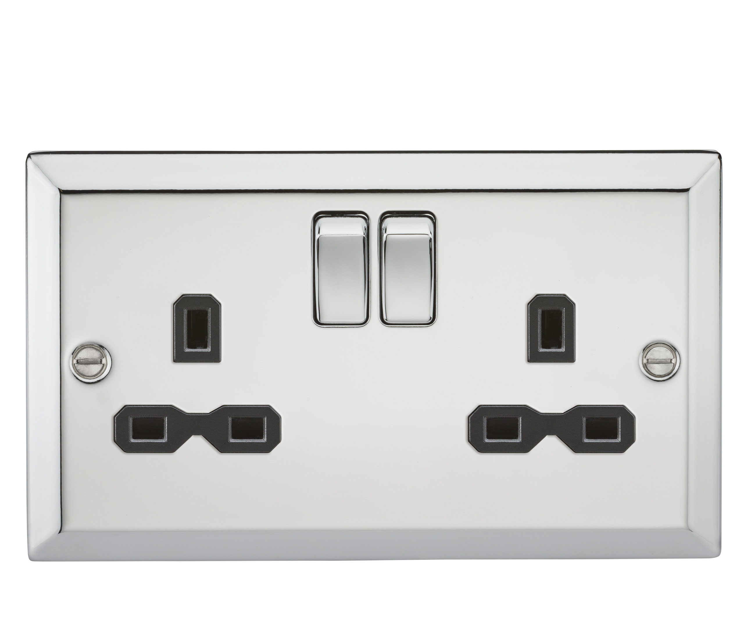 13A 2G DP Switched Socket With Black Insert - Bevelled Edge Polished Chrome - CV9PC 