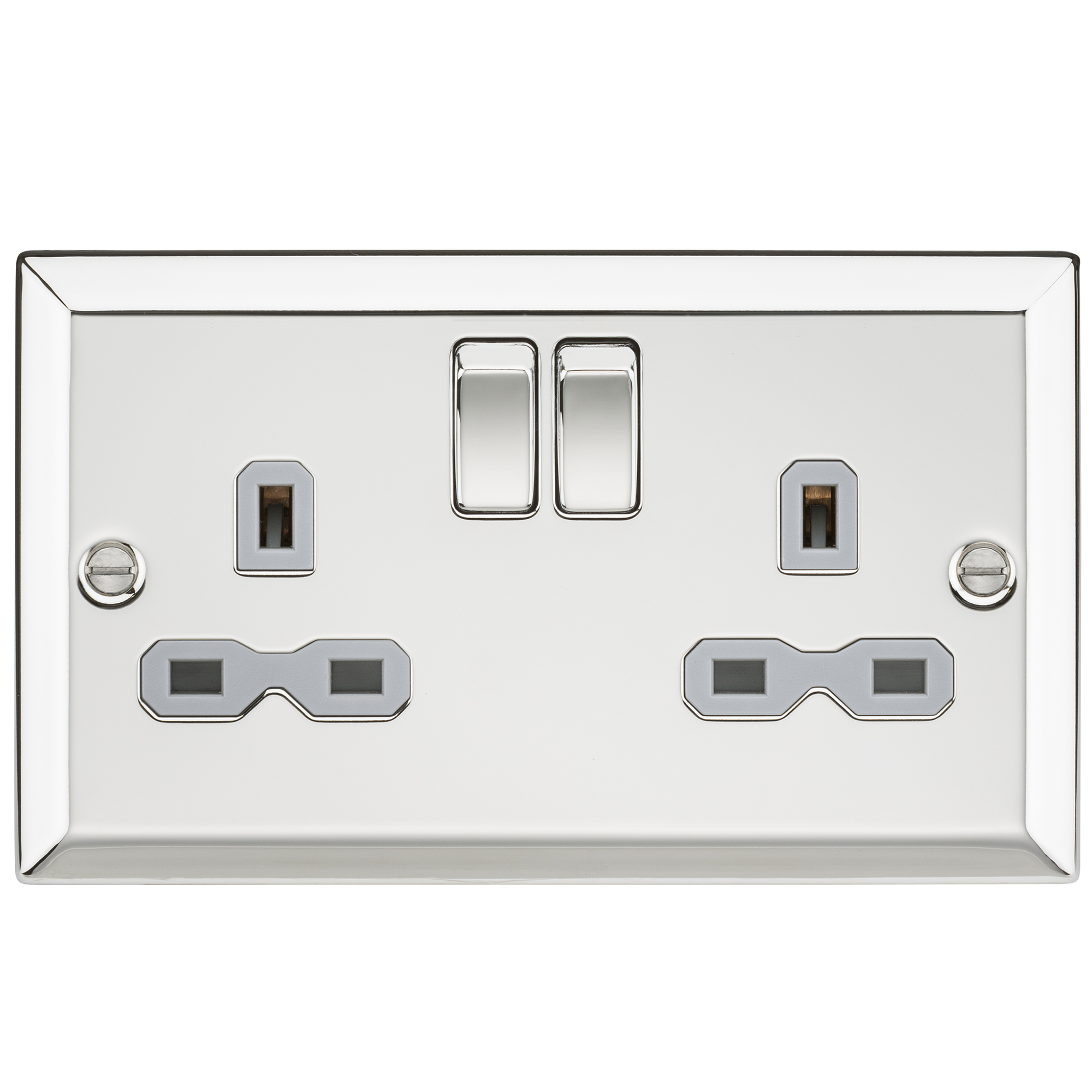 13A 2G DP Switched Socket With Grey Insert - Bevelled Edge Polished Chrome - CV9PCG - SOLD-OUT!! 