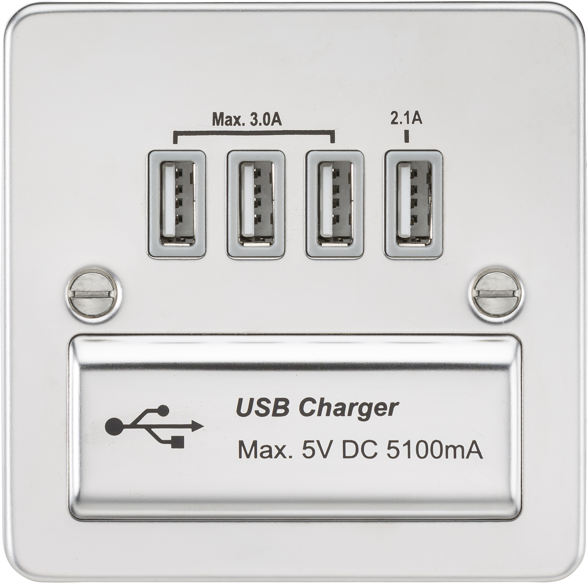 Flat Plate Quad USB Charger Outlet - Polished Chrome With Grey Insert - FPQUADPCG 