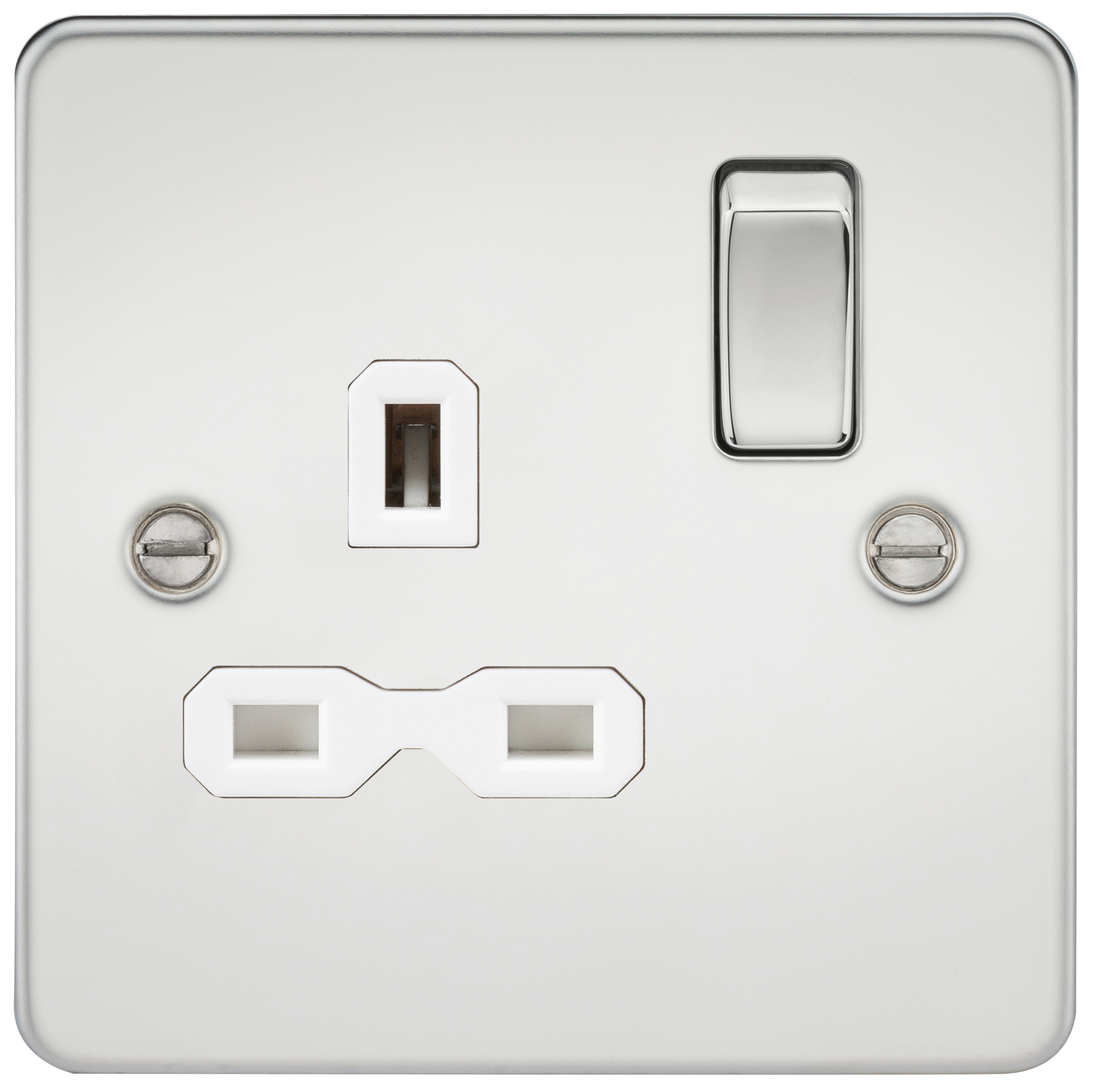 Flat Plate 13A 1G DP Switched Socket - Polished Chrome With White Insert - FPR7000PCW 