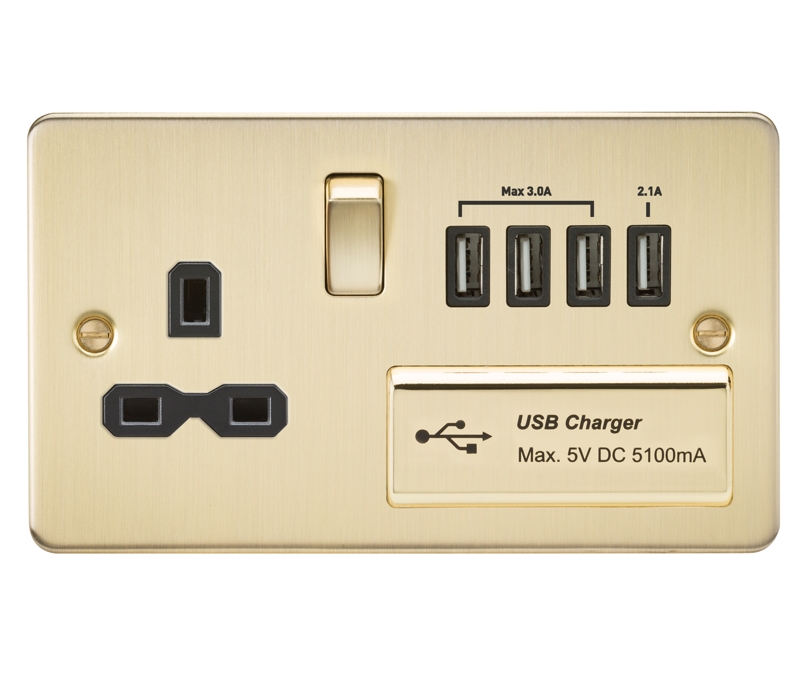 Flat Plate 13A Switched Socket With Quad USB Charger - Brushed Brass With Black Insert - FPR7USB4BB 