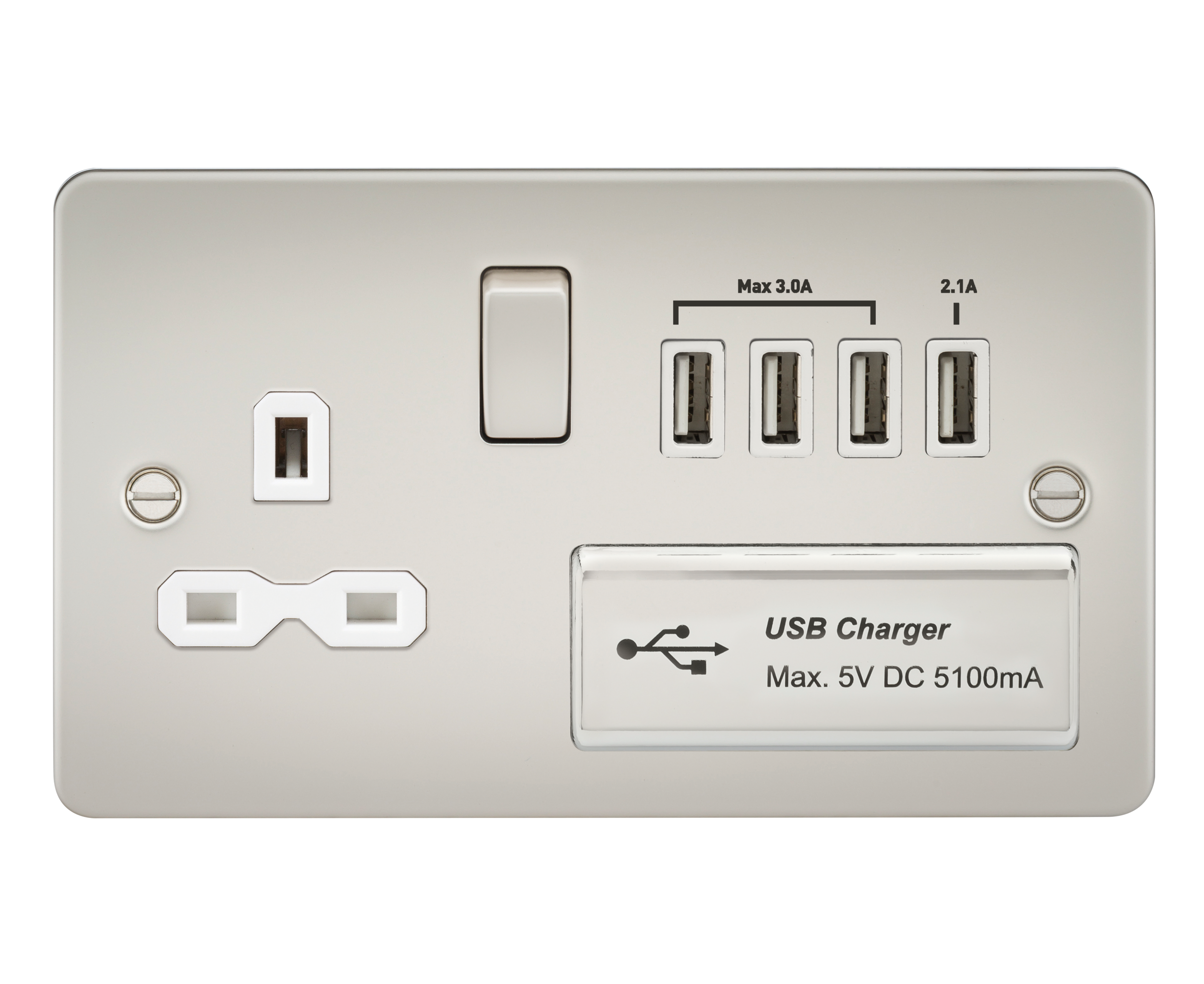 Flat Plate 13A Switched Socket With Quad USB Charger - Pearl With White Insert - FPR7USB4PLW 