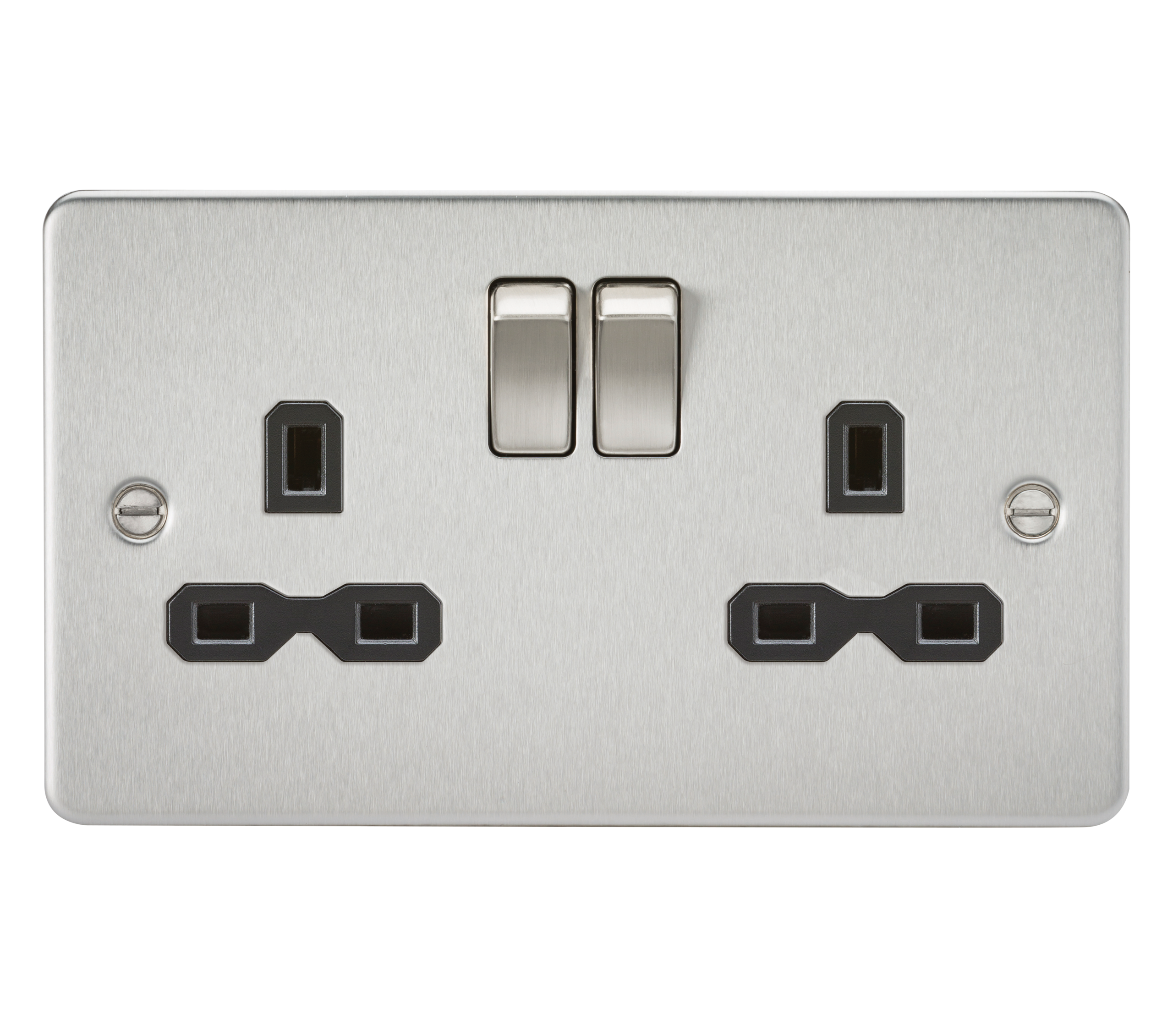 Flat Plate 13A 2G DP Switched Socket - Brushed Chrome With Black Insert - FPR9000BC 