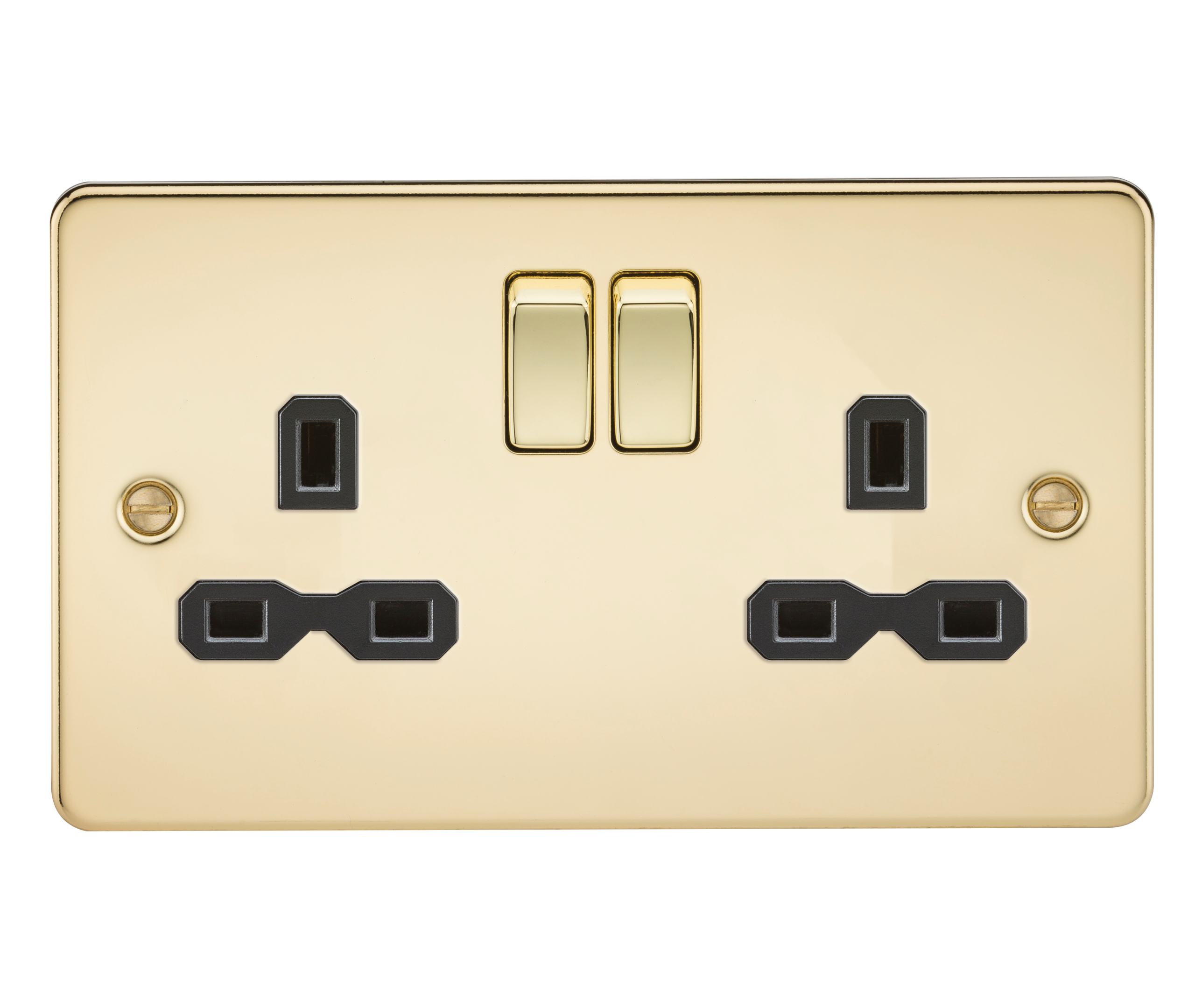 Flat Plate 13A 2G DP Switched Socket - Polished Brass With Black Insert - FPR9000PB 