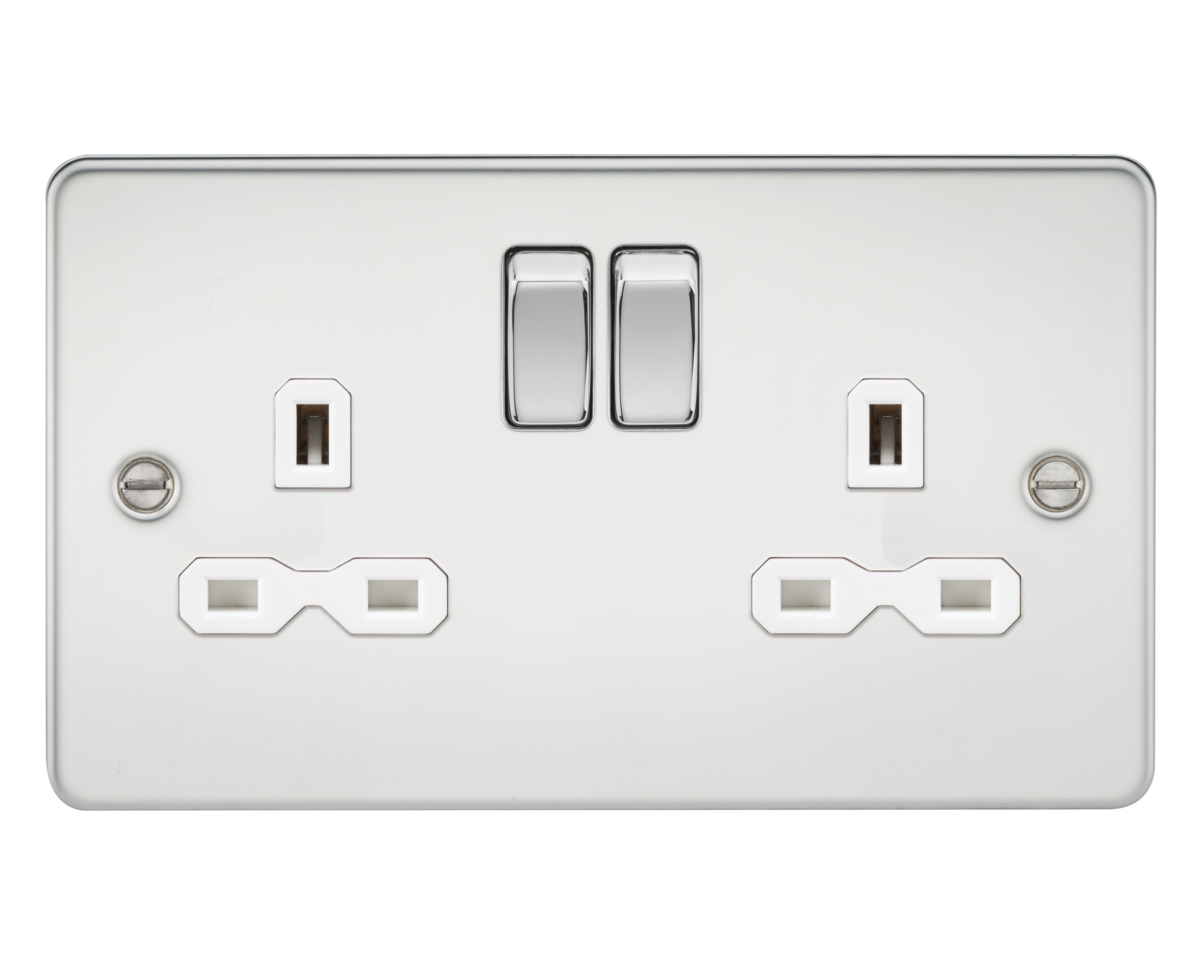 Flat Plate 13A 2G DP Switched Socket - Polished Chrome With White Insert - FPR9000PCW 