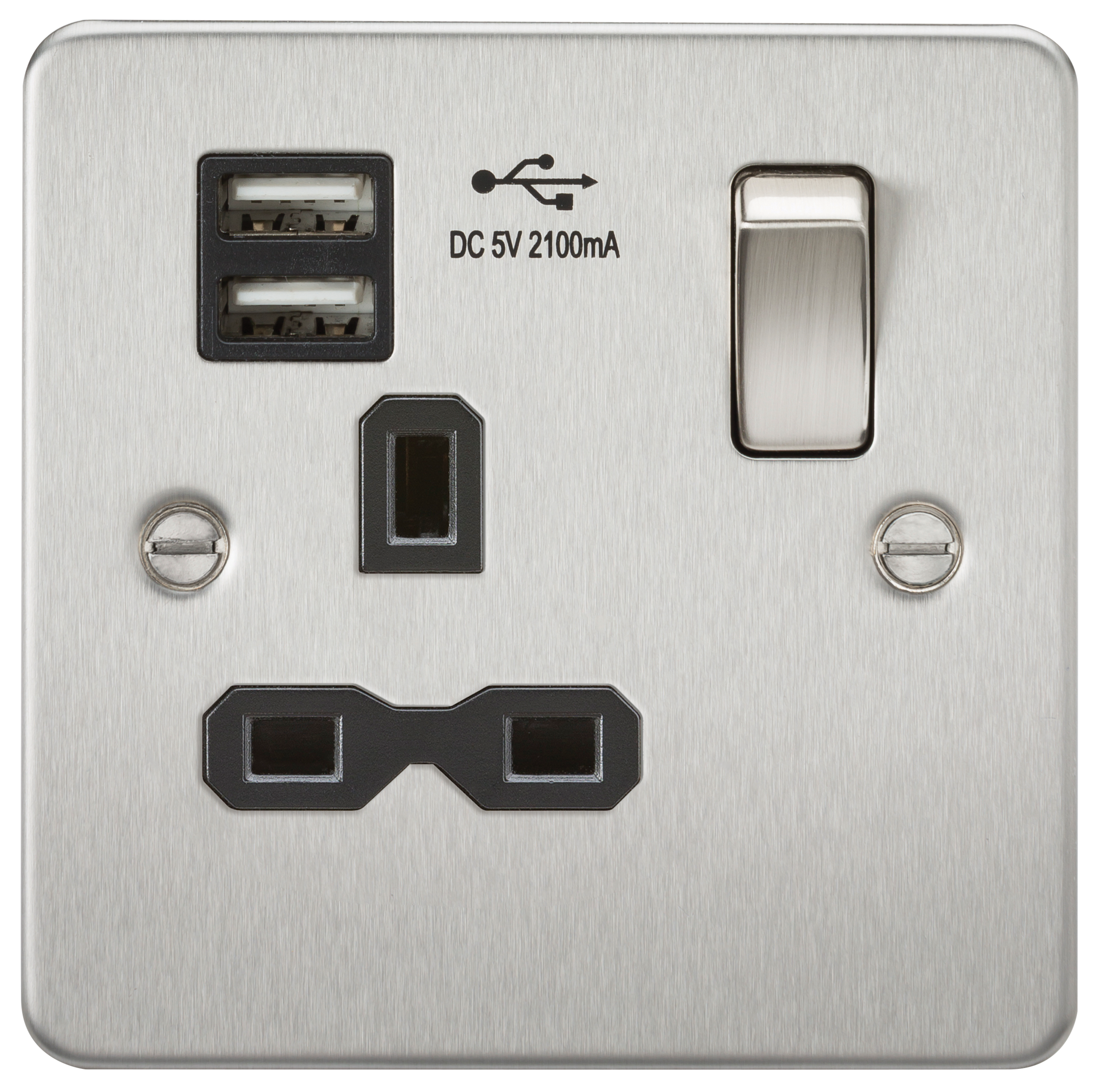 Flat Plate 13A 1G Switched Socket With Dual USB Charger - Brushed Chrome With Black Insert - FPR9901BC 