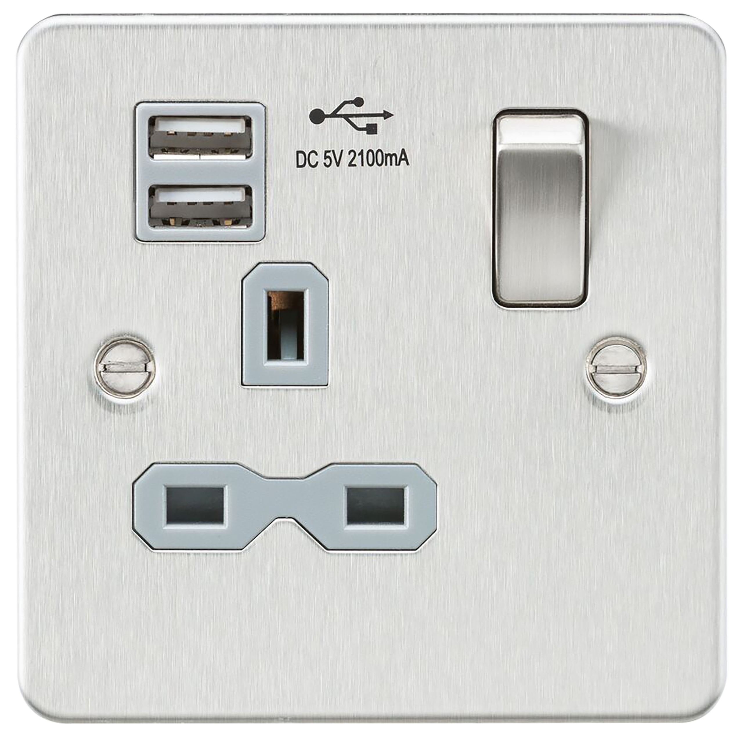 Flat Plate 13A 1G Switched Socket With Dual USB Charger - Brushed Chrome With Grey Insert - FPR9901BCG 