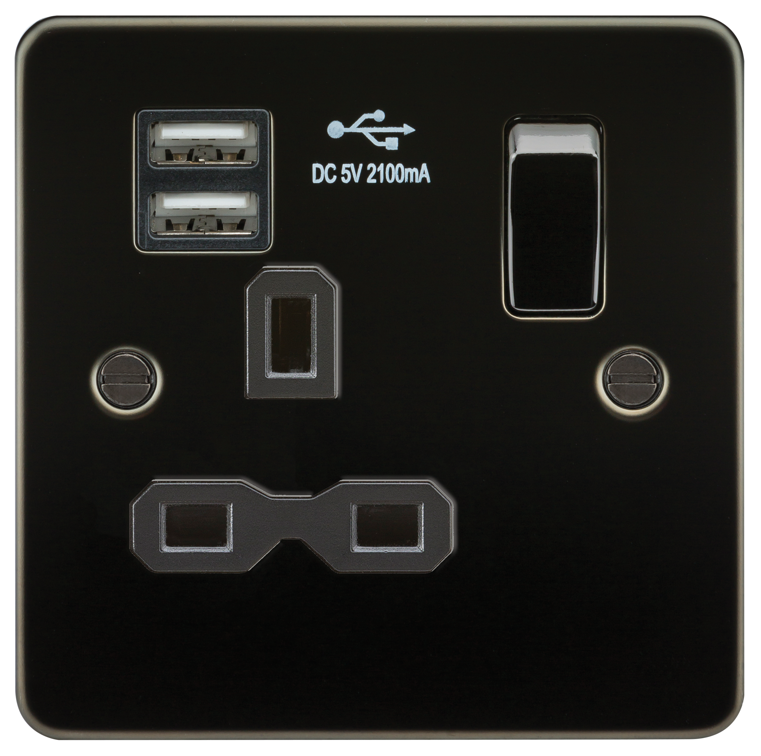 Flat Plate 13A 1G Switched Socket With Dual USB Charger - Gunmetal With Black Insert - FPR9901GM 