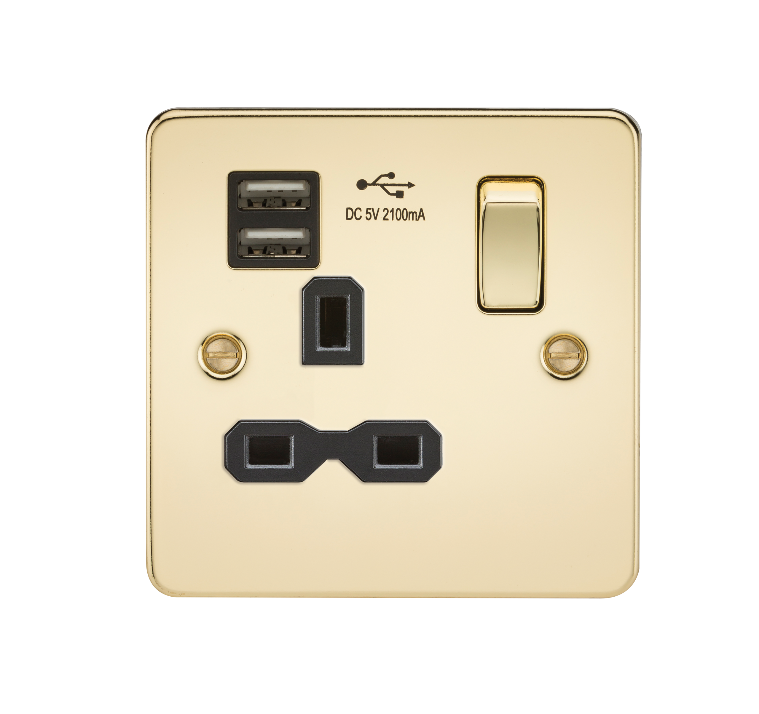 Flat Plate 13A 1G Switched Socket With Dual USB Charger - Polished Brass With Black Insert - FPR9901PB 