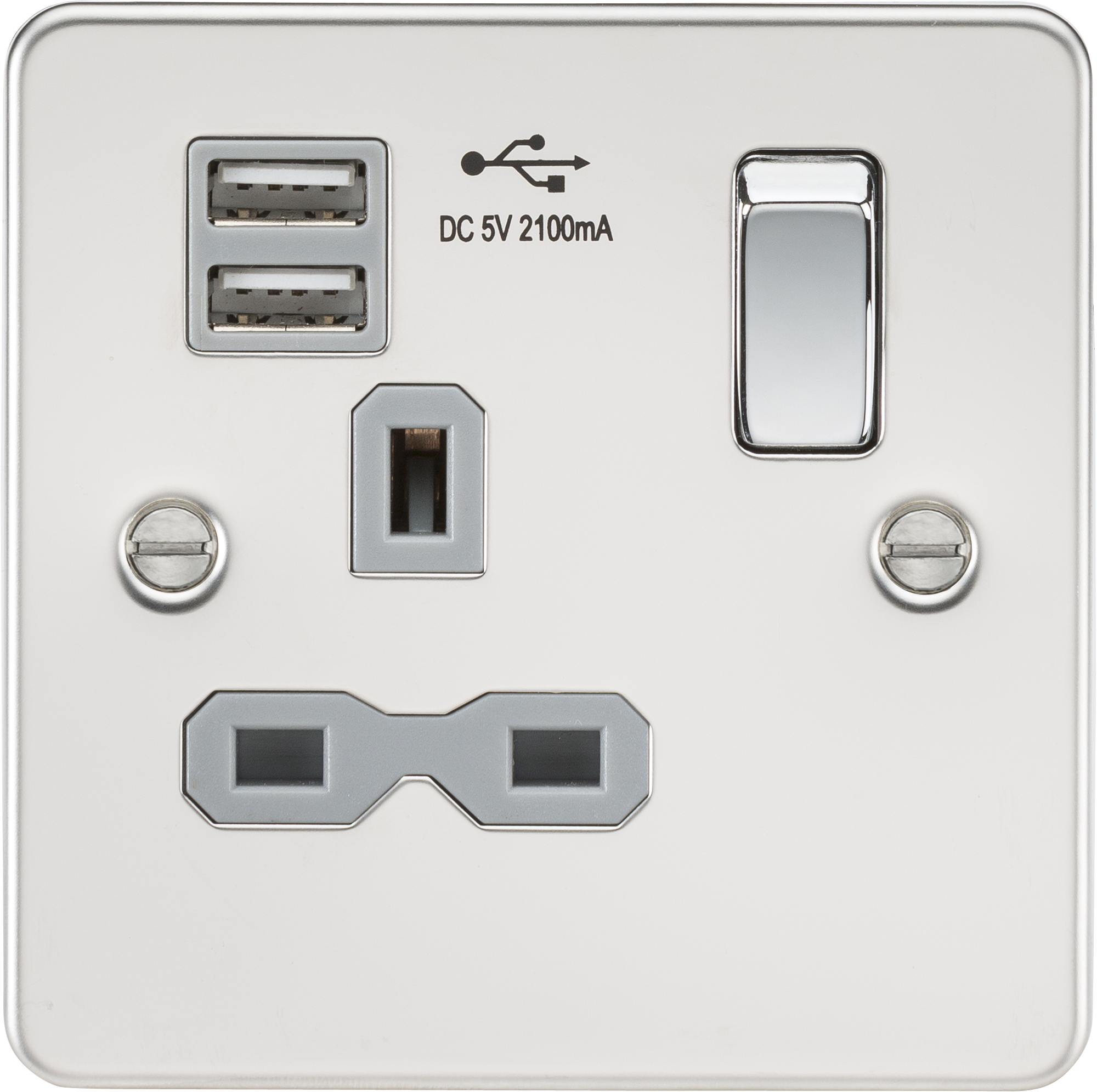 Flat Plate 13A 1G Switched Socket With Dual USB Charger - Polished Chrome With Grey Insert - FPR9901PCG 