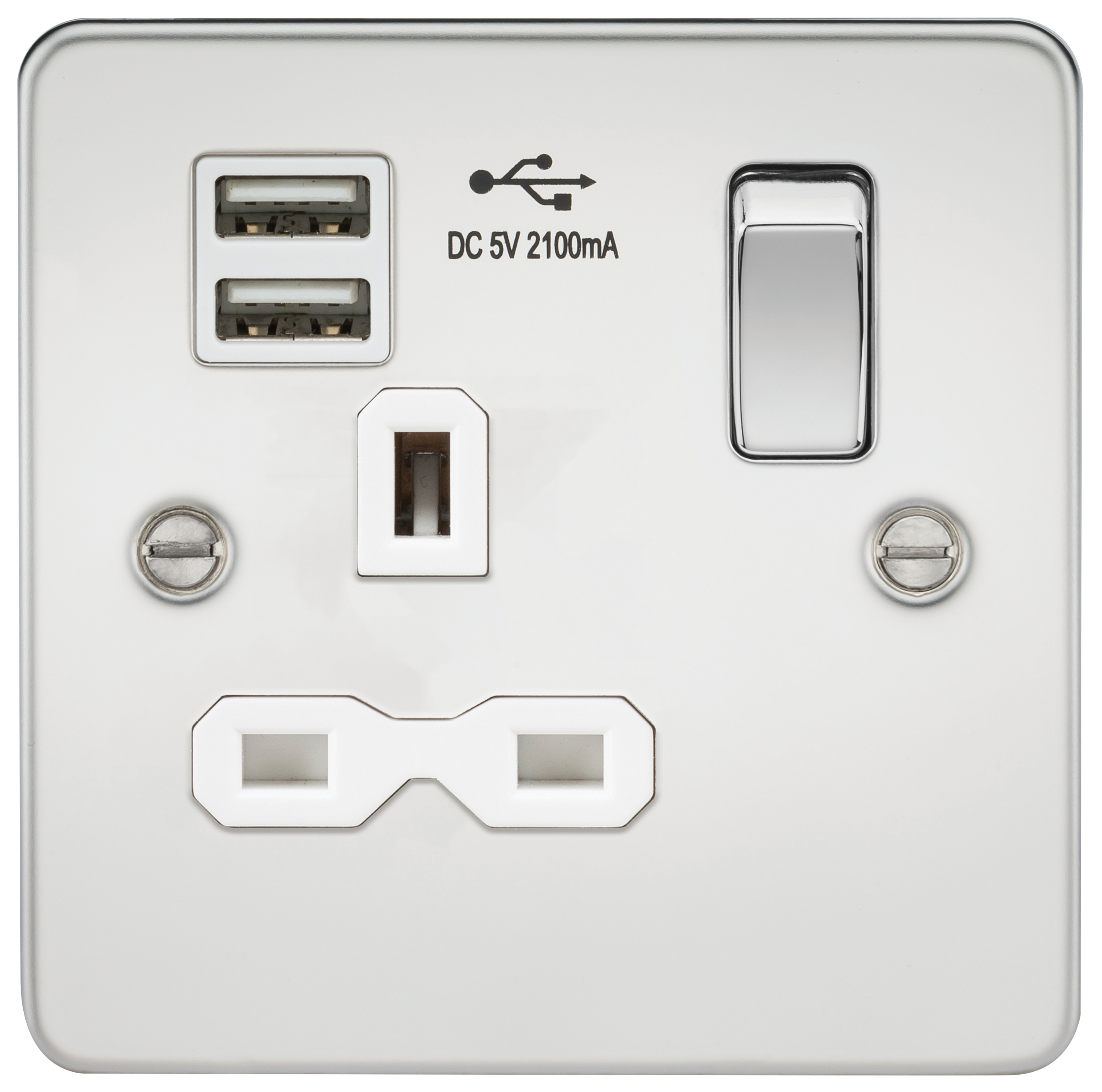 Flat Plate 13A 1G Switched Socket With Dual USB Charger - Polished Chrome With White Insert - FPR9901PCW 