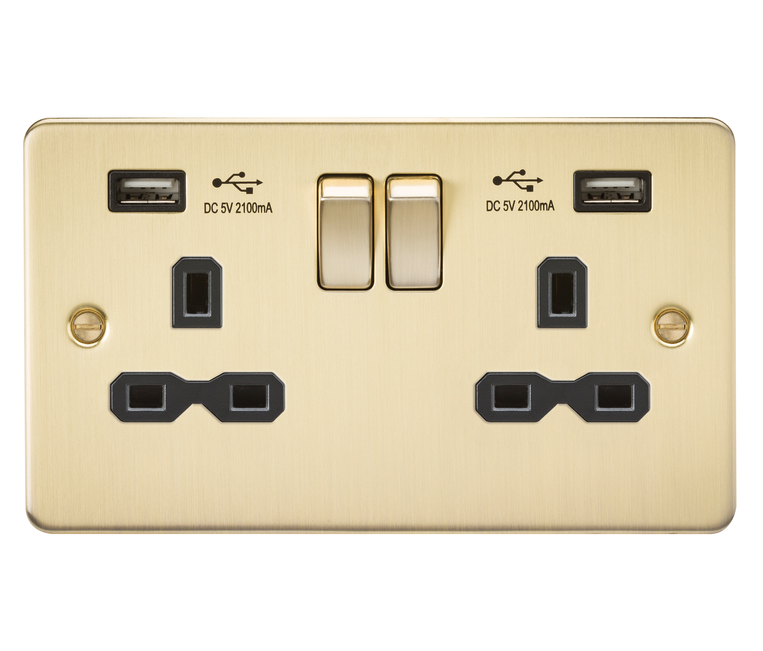 Flat Plate 13A 2G Switched Socket With Dual USB Charger - Brushed Brass With Black Insert - FPR9902BB 