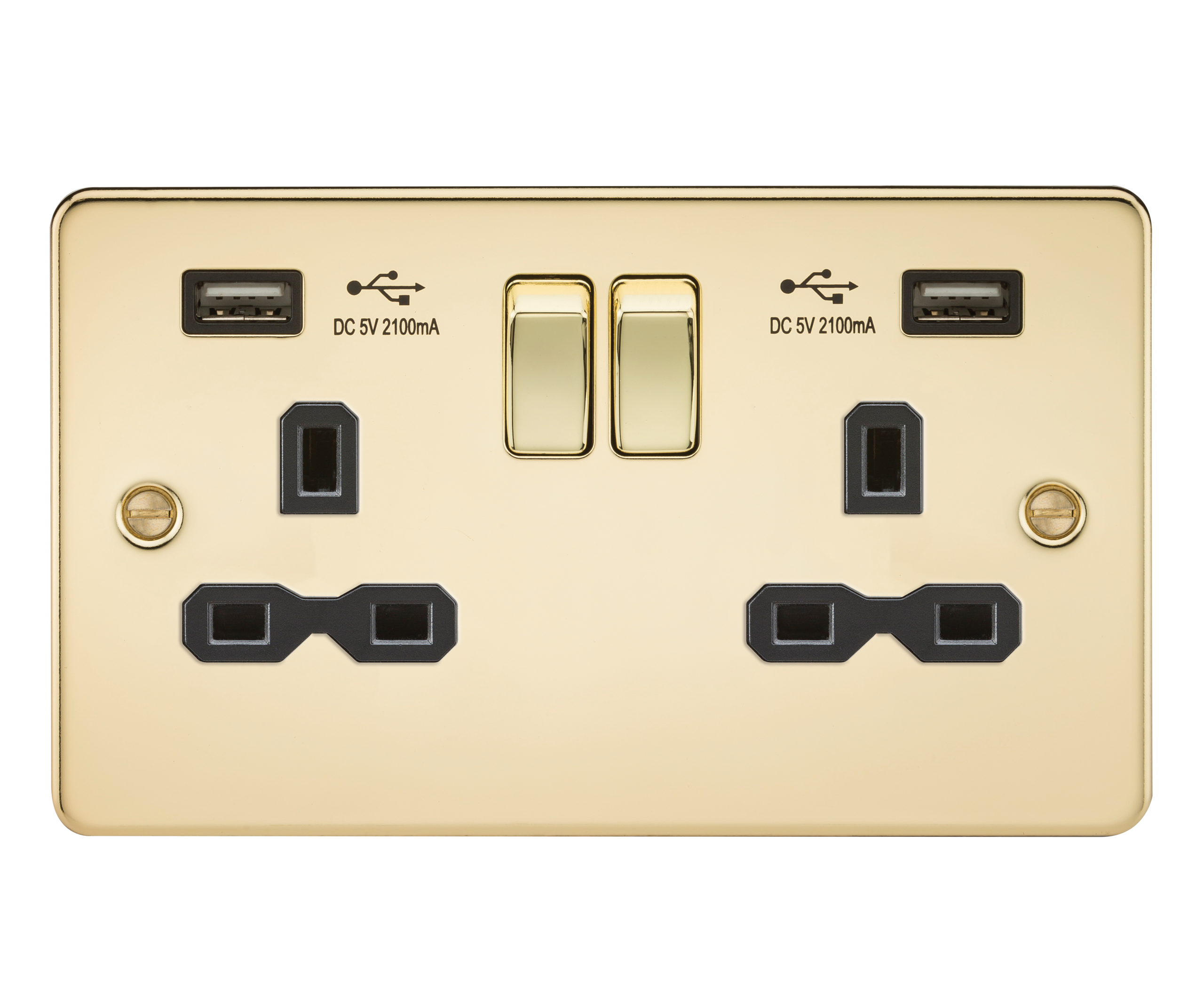 Flat Plate 13A 2G Switched Socket With Dual USB Charger - Polished Brass With Black Insert - FPR9902PB 