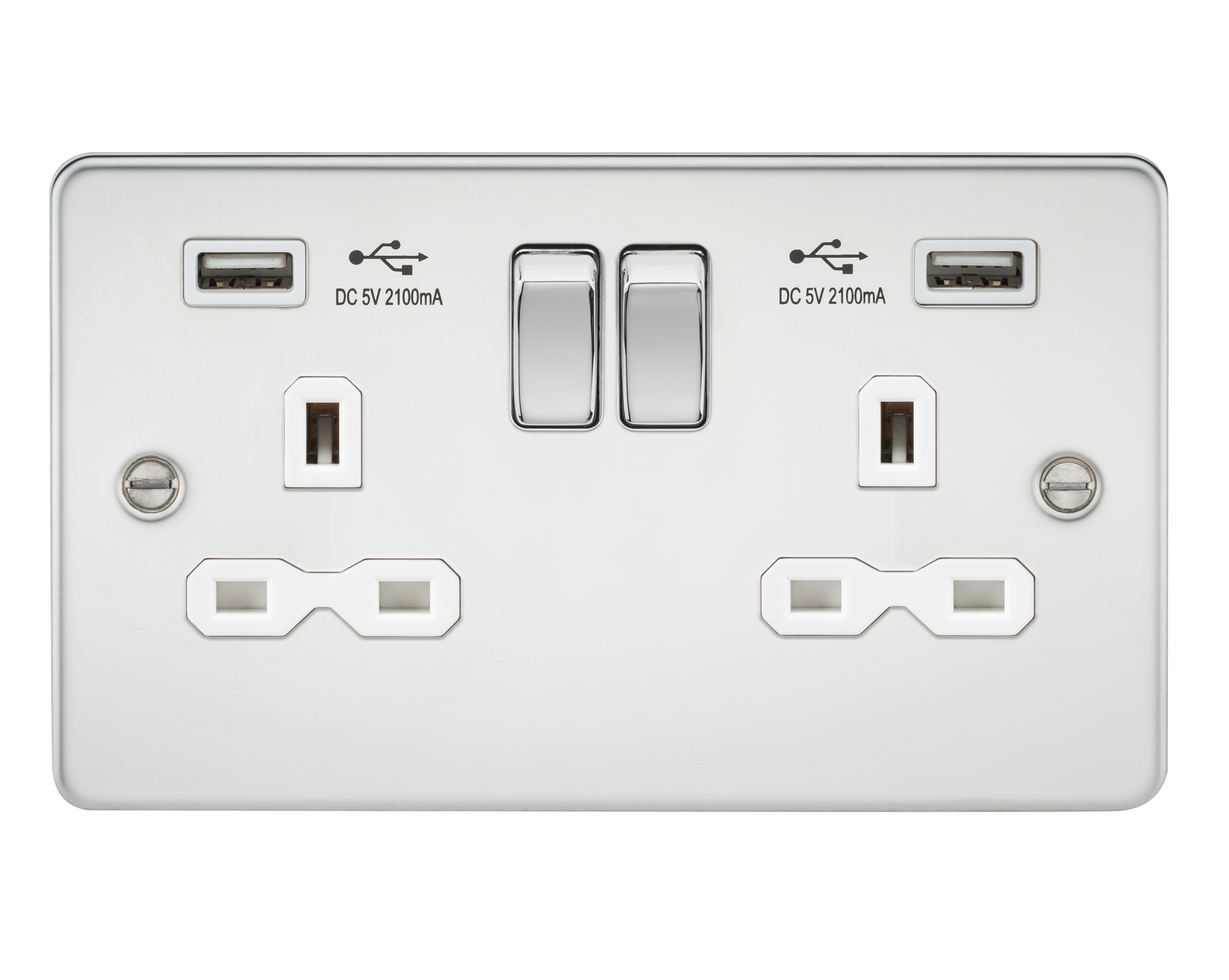Flat Plate 13A 2G Switched Socket With Dual USB Charger - Polished Chrome With White Insert - FPR9902PCW 